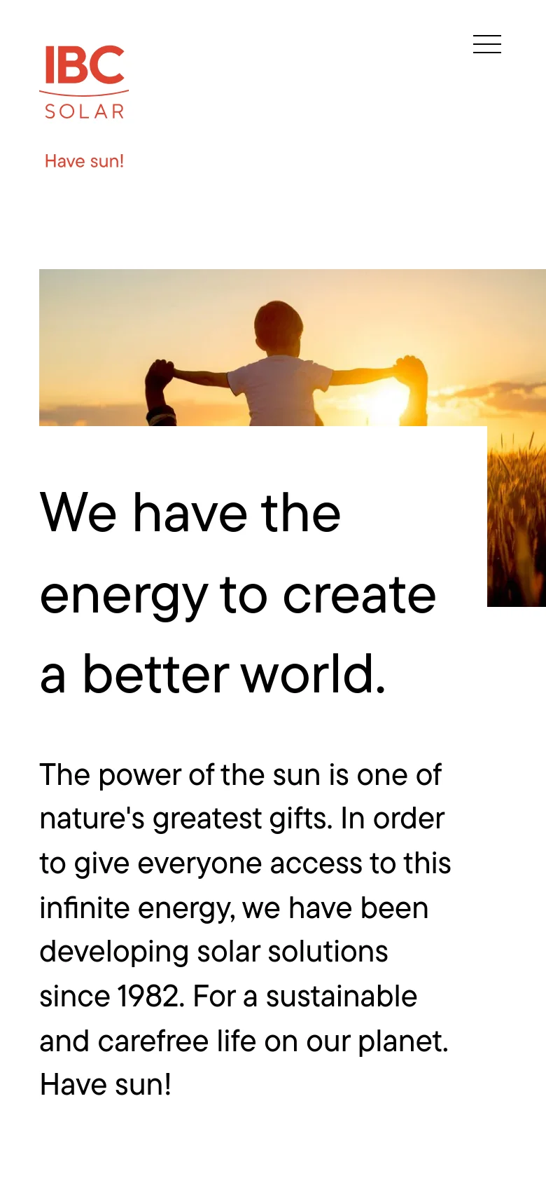 The mobile version presents a simplified vertical layout with a hamburger menu icon in the top right. The hero image of a child in a sunlit wheat field is cropped to focus on the child's silhouette, positioned above the large headline and descriptive text.
