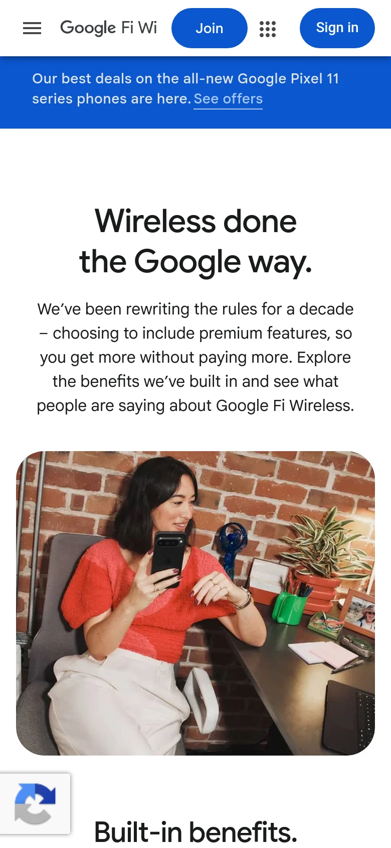 The mobile version stacks the content vertically, placing the large headline and descriptive text at the top followed by the lifestyle image of the woman below it. The navigation is condensed into a hamburger menu icon, and the blue promotional banner remains at the top of the viewport.