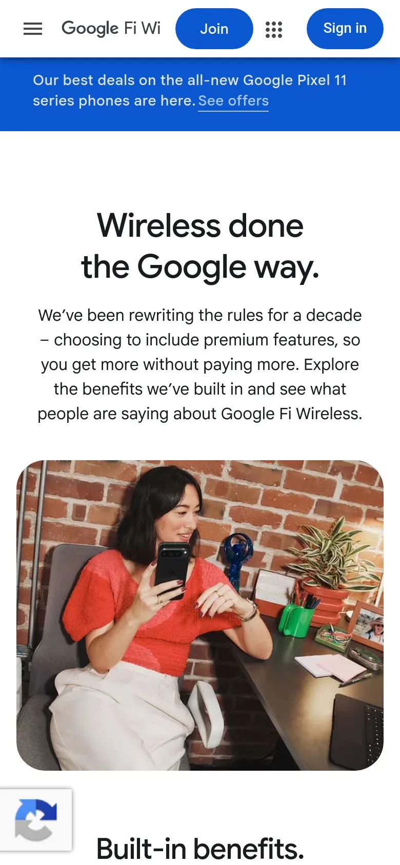 The mobile version stacks the content vertically, placing the large headline and descriptive text at the top followed by the lifestyle image of the woman below it. The navigation is condensed into a hamburger menu icon, and the blue promotional banner remains at the top of the viewport.