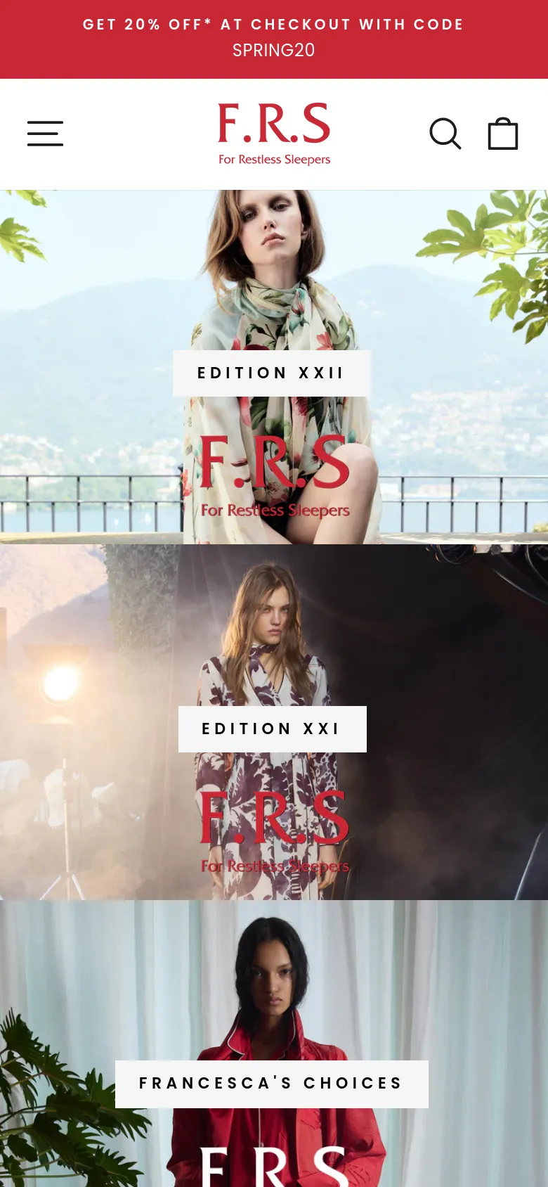 The mobile version presents a simplified vertical layout with a centered logo and a hamburger menu icon. The hero image is cropped to focus on the subject, and the 'EDITION XXII' button is positioned centrally over the image. The promotional banner remains at the top, and the subsequent collection sections are stacked vertically for easy scrolling.