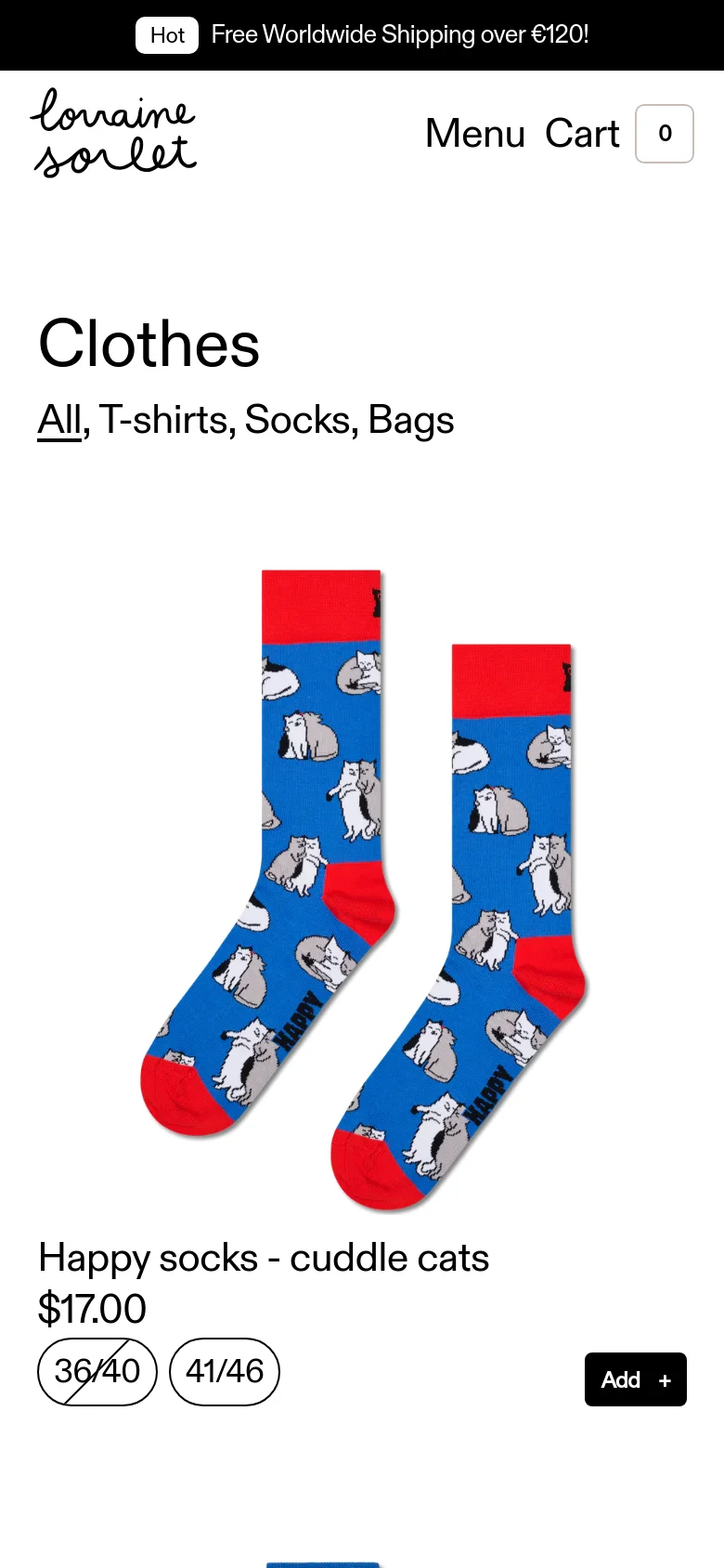 The mobile version features a simplified layout with a centered brand logo and a 'Menu' option alongside the 'Cart'. The product grid shifts to a single-column view, prominently displaying the 'Happy socks - cuddle cats' with its price and size selection buttons (36/40 and 41/46) below the image. A black 'Add +' button is positioned at the bottom right of the product card.