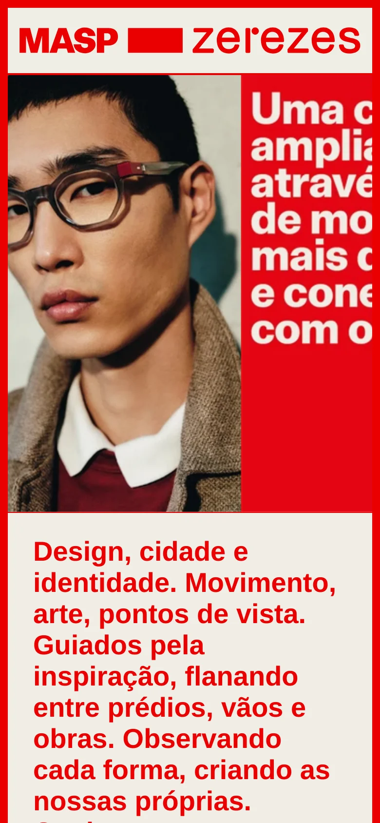 The mobile version presents a vertical stack of the same red and white design elements. It features a close-up portrait of a man wearing glasses next to large, bold white text on a red background, followed by a section of red text on a light pink background.