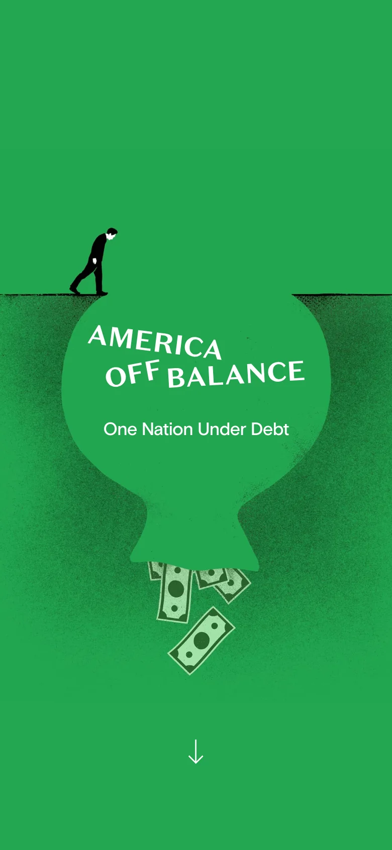 The mobile version maintains the green color scheme and central illustration of a man overlooking a money-leaking void, but the layout is vertically compressed. The text and imagery are scaled to fit a narrow portrait orientation, and the navigation links are condensed to prioritize the hero graphic.