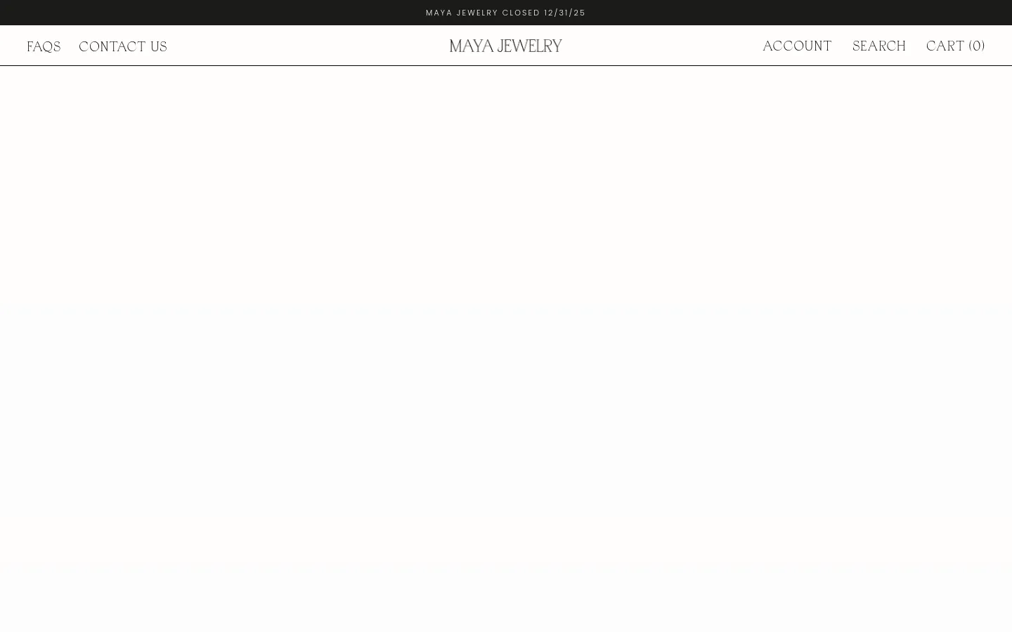 The desktop Contact Us page features a minimalist design with a white background and black text. A top navigation bar includes links for FAQS, CONTACT US, ACCOUNT, SEARCH, and CART (0), with the MAYA JEWELRY logo centered. The main content area displays a large 'GET IN TOUCH' headline followed by a text announcement regarding the brand's closure.