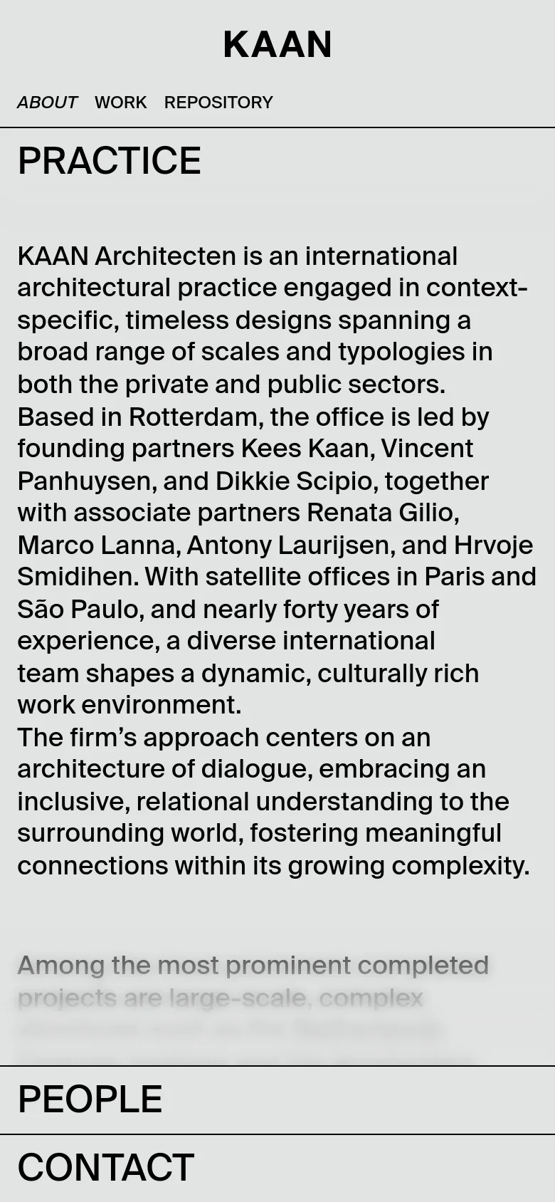The mobile version maintains the minimalist aesthetic and light grey color scheme but uses a single-column vertical layout. The navigation menu is stacked at the top, and the text is scaled for readability on a smaller screen, with the 'PRACTICE', 'PEOPLE', and 'CONTACT' headings clearly demarcated by horizontal rules.