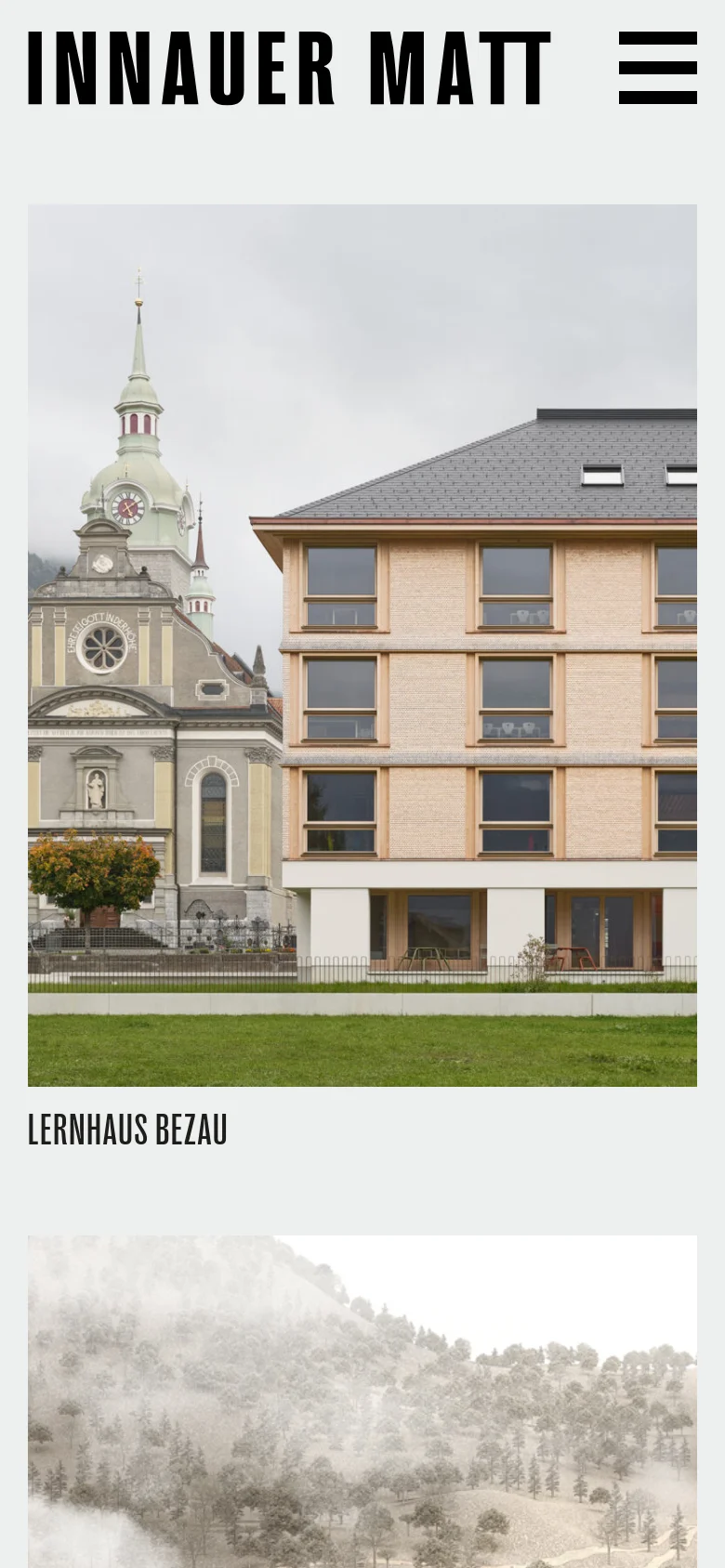 The mobile version uses a simplified layout with a large black brand logo and a hamburger menu icon at the top. The hero image of the Lernhaus Bezau building spans the full width of the screen, followed by a vertical scroll of project images and titles.