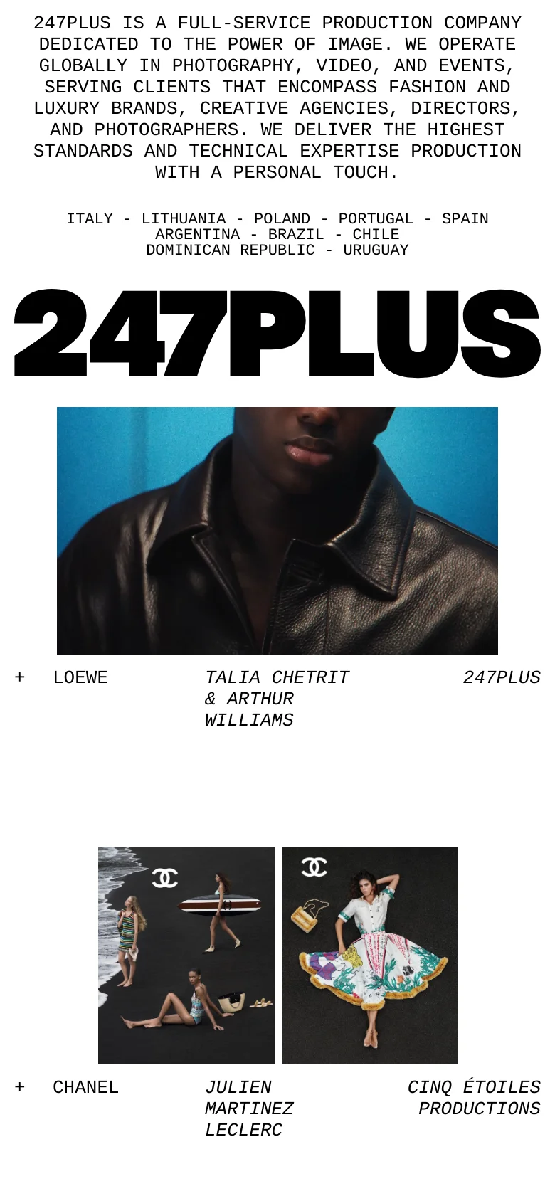 The mobile version maintains the minimalist white and black aesthetic but uses a single-column vertical layout. The large '247PLUS' header and introductory text are stacked, followed by large, full-width project images that scroll vertically, making the high-fashion photography the primary focus on a smaller screen.