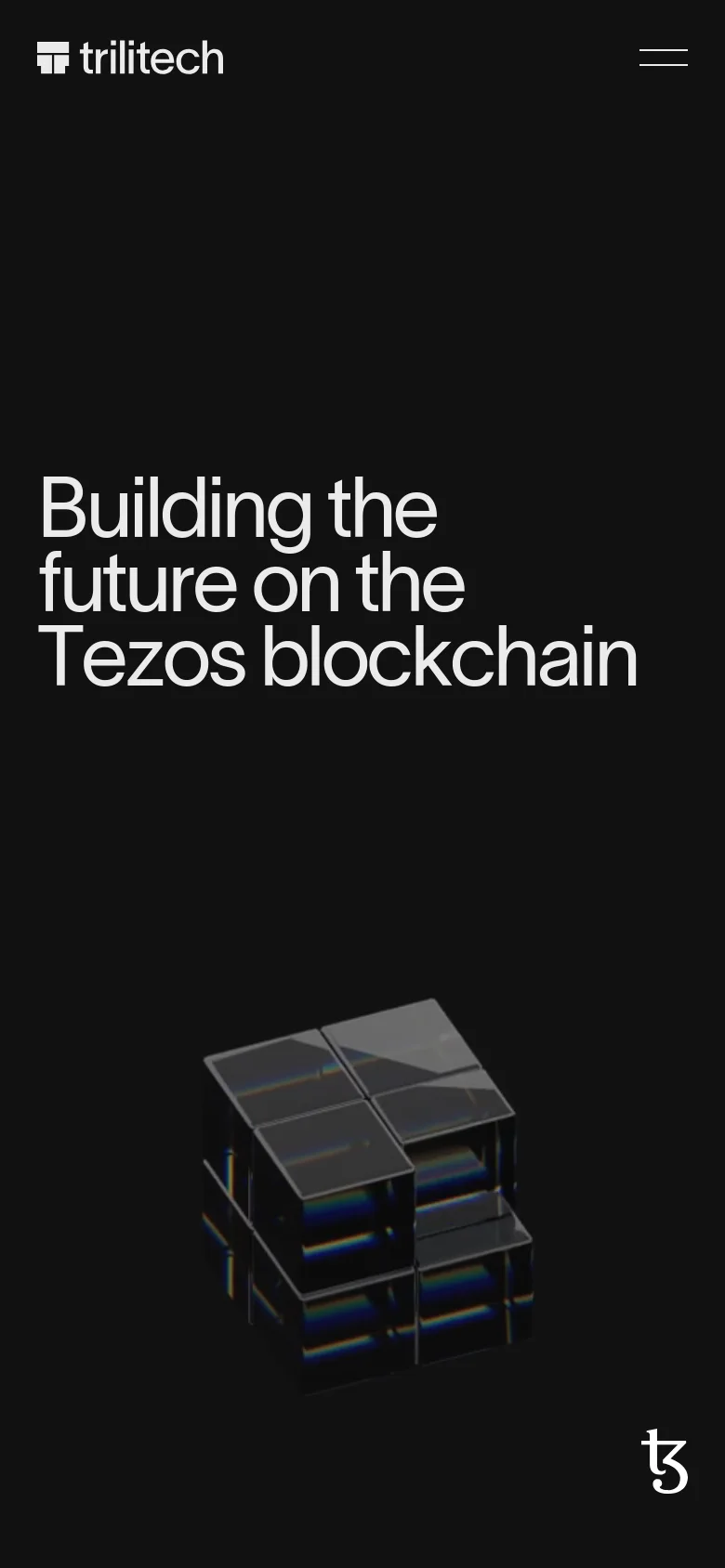 The mobile version maintains the dark aesthetic and large white headline but uses a simplified layout. The navigation menu is replaced by a two-line hamburger icon in the top right, and the 3D glass cube graphic is repositioned below the text to fit the vertical screen.