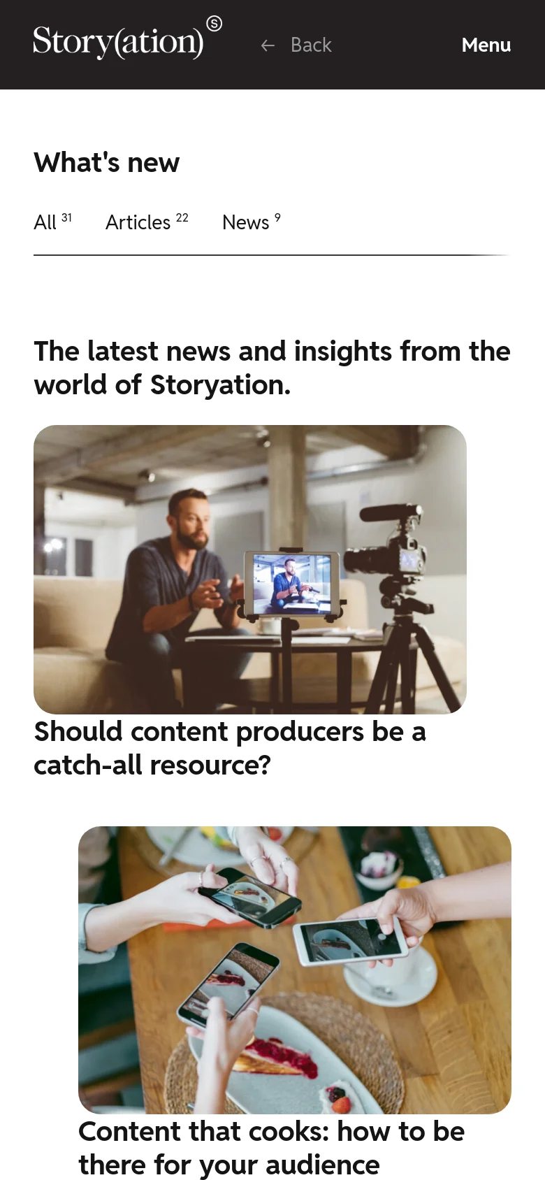 The mobile version simplifies the layout into a single column, moving the content filters to a horizontal list under the 'What's new' heading. The header is replaced by a dark bar featuring the logo, a 'Back' button, and a 'Menu' toggle, with article images and headlines stacked vertically for easy scrolling.