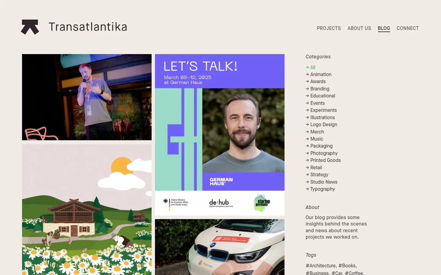 The Transatlantika blog page features a minimalist layout with a white background and black text. A grid of blog posts displays large images, headlines, and 'Read more' links, including content about SXSW 2025 and brand design projects. A right-hand sidebar contains a list of categories, an 'About' section, and a dense cloud of clickable hashtag tags.