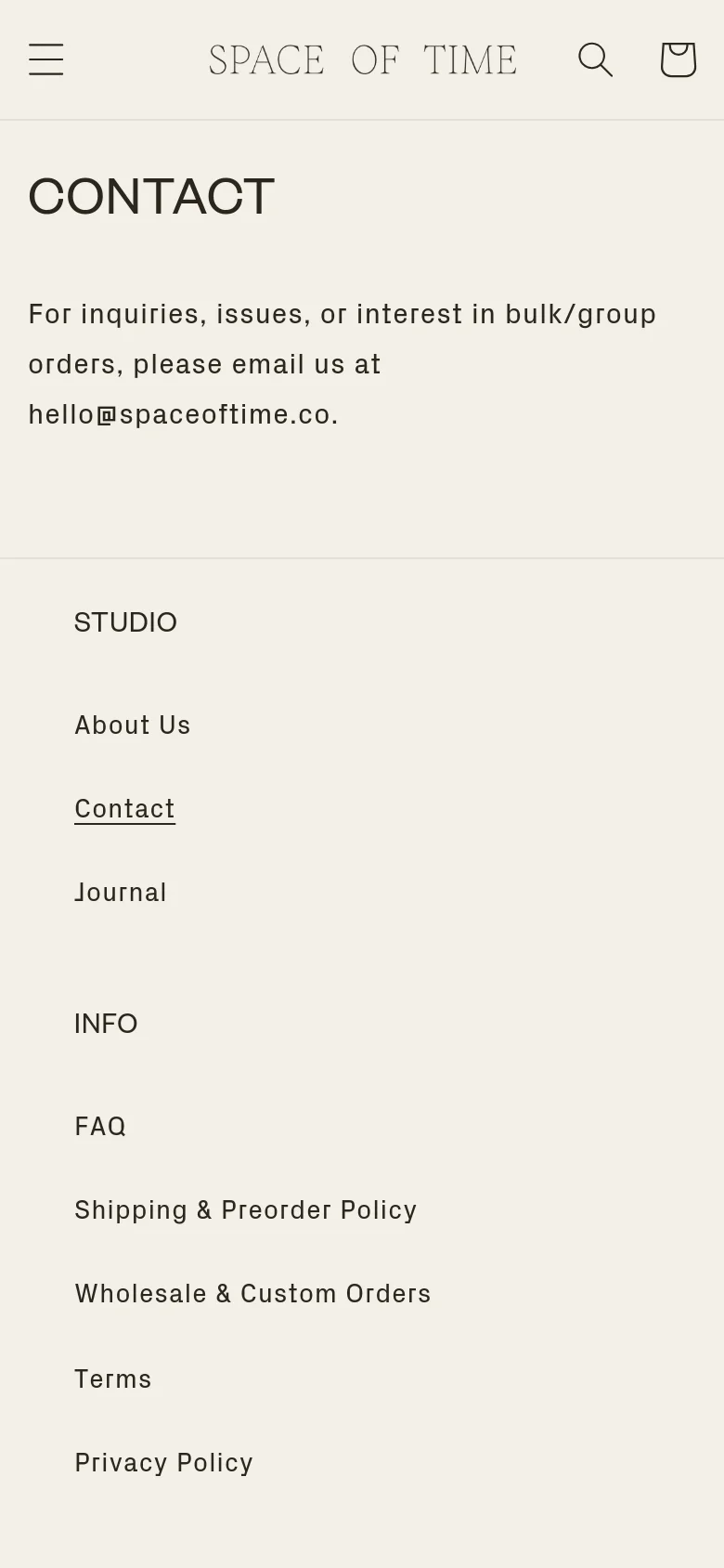 The mobile version maintains the minimalist beige aesthetic but uses a stacked layout. The top navigation is condensed into a hamburger menu icon next to the brand name, with search and cart icons on the right. The central contact text and the footer link lists are vertically arranged for easier scrolling on a smaller screen.