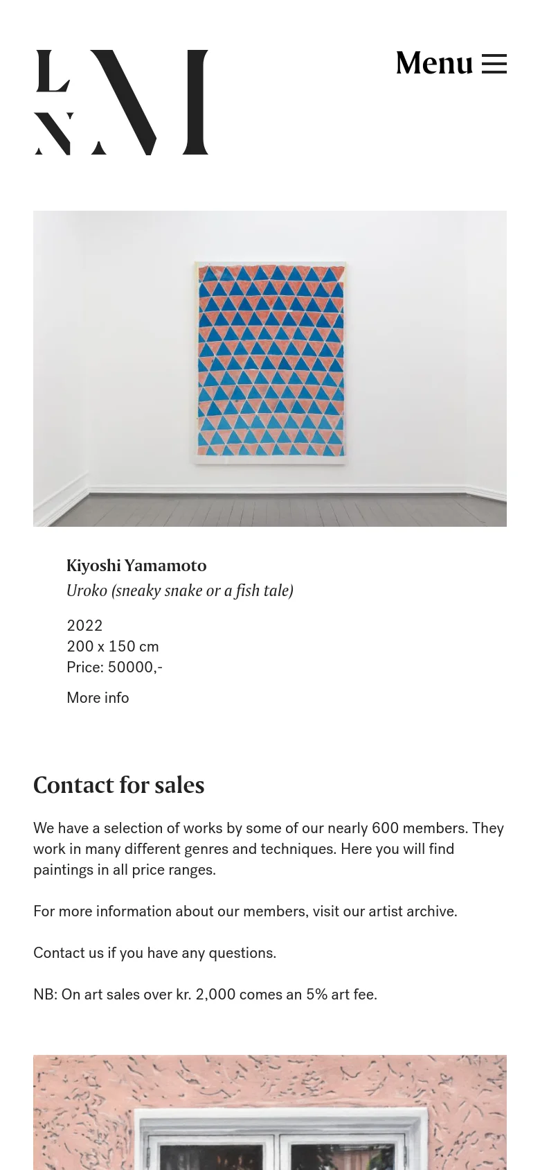 The mobile version presents a single-column layout with the hero artwork centered at the top, followed by its title, artist, and price. The 'Contact for sales' text and information follow below the image, and the navigation is condensed into a 'Menu' hamburger icon at the top right.