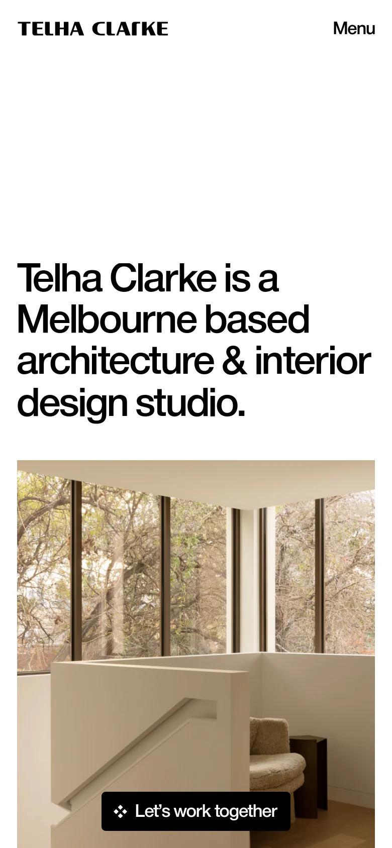 The mobile version uses a vertical layout with the large headline at the top, followed by the hero image below it. The 'Let's work together' call-to-action button is centered over the lower portion of the image, and the navigation is condensed into a 'Menu' link.