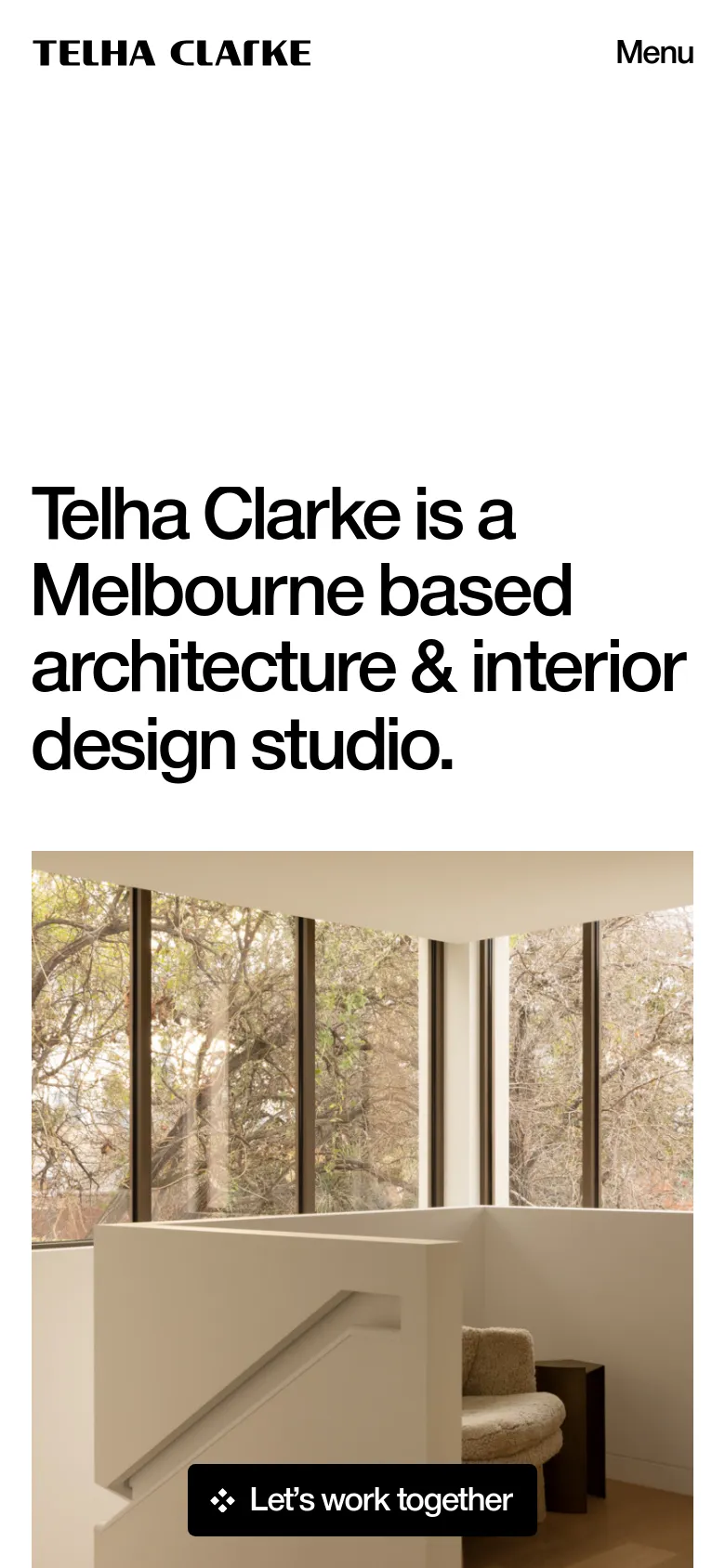 The mobile version uses a vertical layout with the large headline at the top, followed by the hero image below it. The 'Let's work together' call-to-action button is centered over the lower portion of the image, and the navigation is condensed into a 'Menu' link.