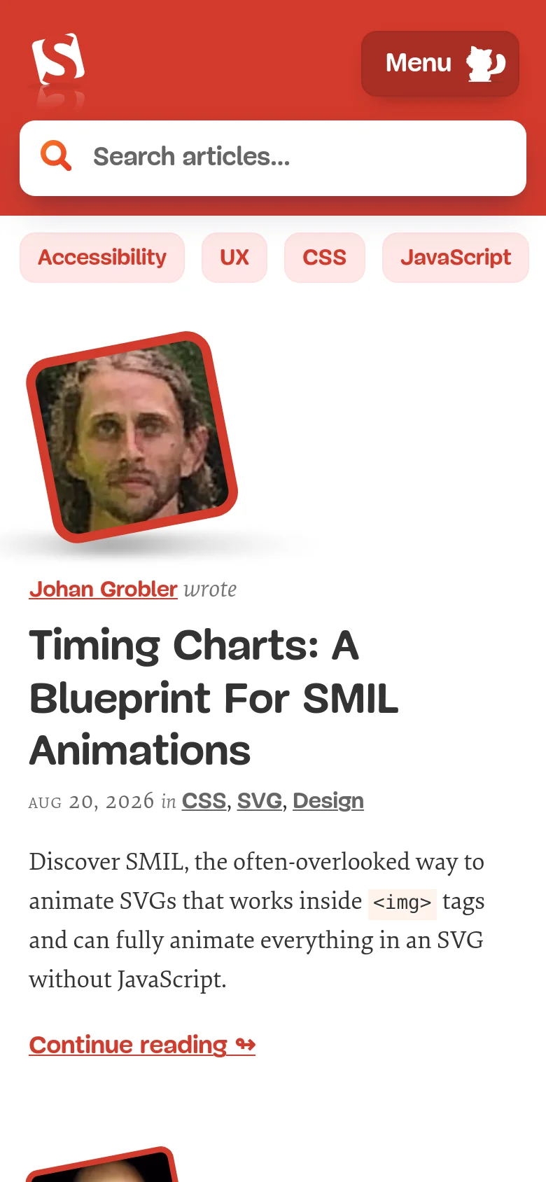 Mobile version of the Smashing Magazine homepage featuring a condensed red header with a hamburger menu and a large search bar. The article feed is stacked vertically, showing author images, large bold headlines, and 'Continue reading' links, optimized for vertical scrolling on a narrow screen.