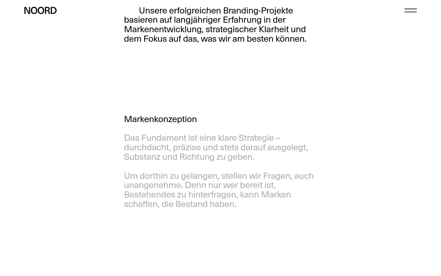 The desktop version features a minimalist white layout with black typography. A large headline introduces the agency's focus, followed by detailed sections for Brand Concept, Brand Design, Brand Management, and Brand Experience, each listed with specific service sub-points in a clean, spacious grid.