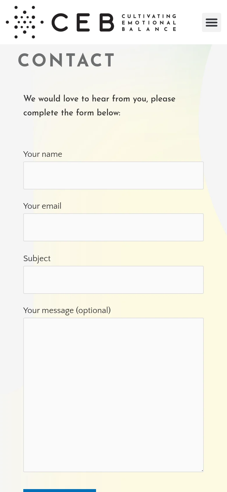 The mobile version presents a single-column layout optimized for vertical scrolling. The CEB logo and a hamburger menu icon are at the top, followed by the 'CONTACT' heading and the contact form fields stacked vertically. The background maintains the soft, light yellow gradient seen on the desktop version.