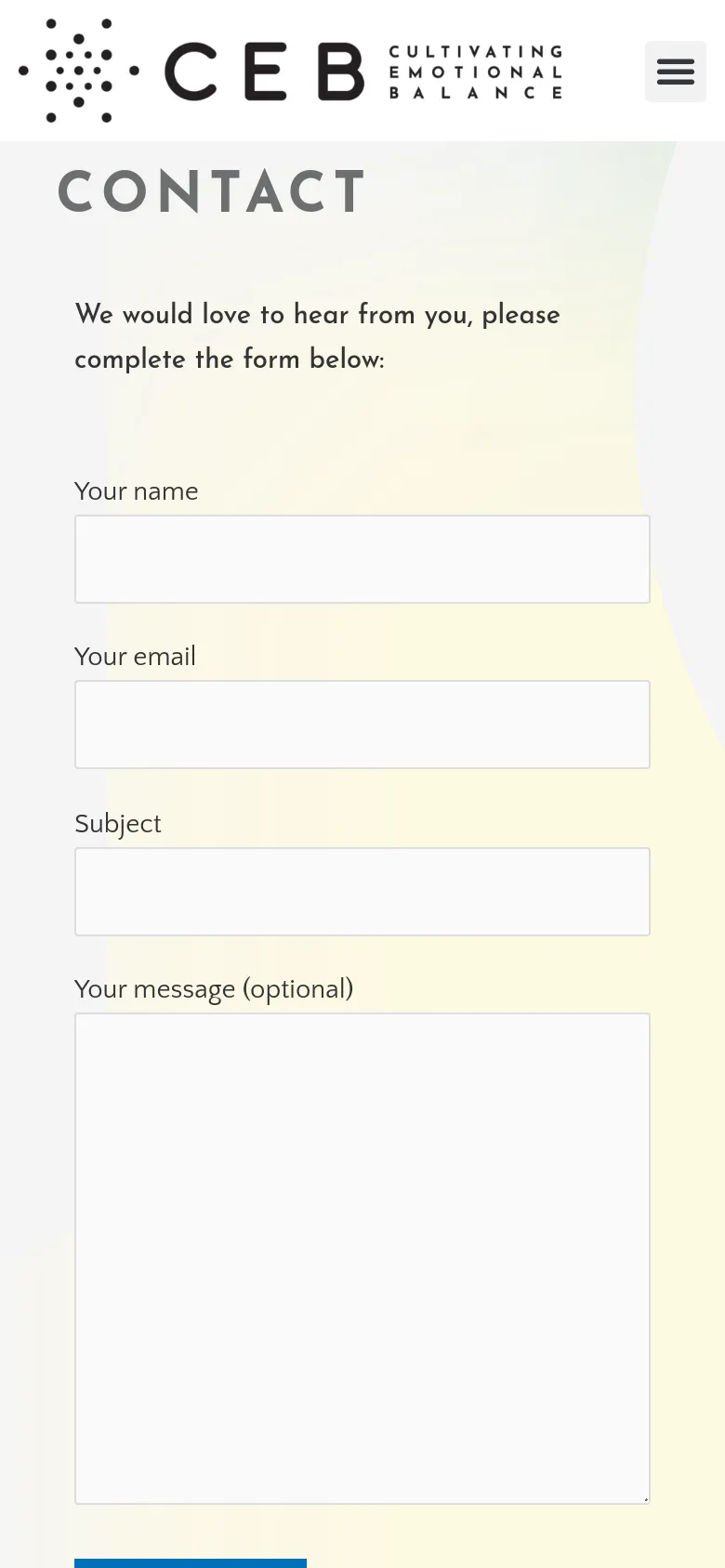 The mobile version presents a single-column layout optimized for vertical scrolling. The CEB logo and a hamburger menu icon are at the top, followed by the 'CONTACT' heading and the contact form fields stacked vertically. The background maintains the soft, light yellow gradient seen on the desktop version.