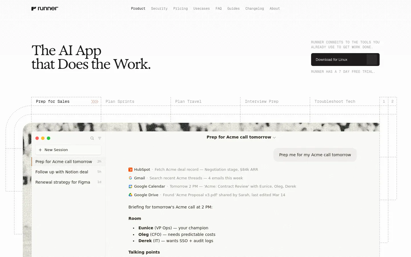 Runner homepage featuring a minimalist dark and light mode aesthetic with large serif typography. The hero section displays the headline "The AI App that Does the Work" alongside a "Download for Linux" button and a large UI mockup showing AI-driven meeting prep with HubSpot, Gmail, and Google Calendar integrations.