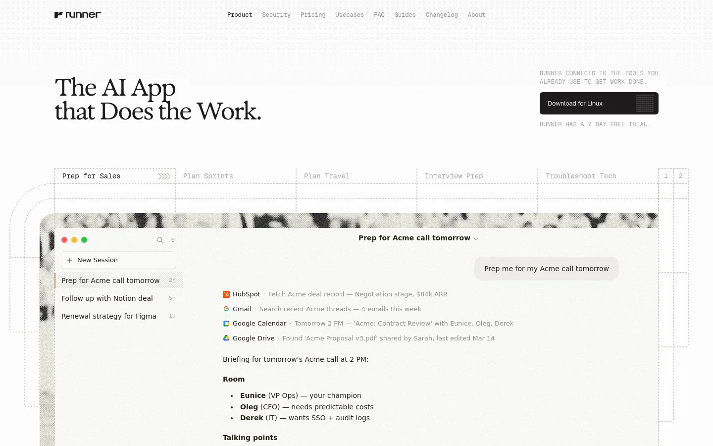 Runner homepage featuring a minimalist dark and light mode aesthetic with large serif typography. The hero section displays the headline "The AI App that Does the Work" alongside a "Download for Linux" button and a large UI mockup showing AI-driven meeting prep with HubSpot, Gmail, and Google Calendar integrations.