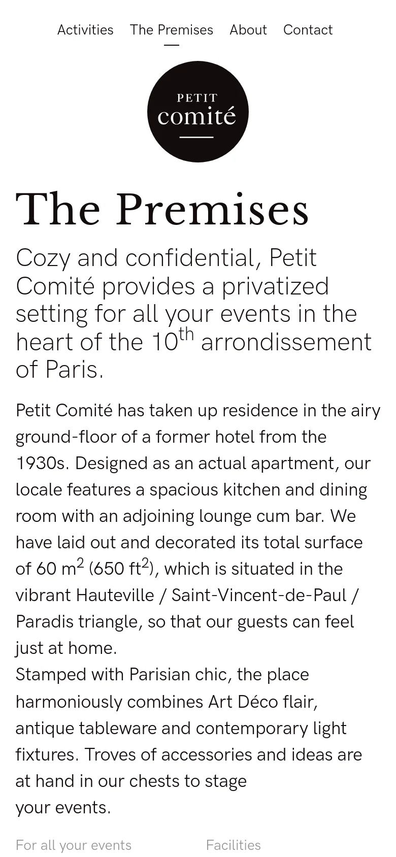 The mobile version uses a single-column layout with the circular logo and 'The Premises' headline at the top. The descriptive text spans the width of the screen, followed by the event and facility lists stacked vertically. The navigation menu is simplified, and the overall aesthetic remains clean and white.