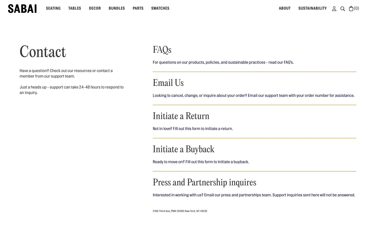 The desktop Contact page features a minimalist white background with black text and a clean layout. The page displays a large 'Contact' heading on the left, followed by a series of contact options on the right including FAQs, Email Us, Initiate a Return, Initiate a Buyback, and Press and Partnership inquiries, each separated by thin horizontal lines. The top navigation bar includes links for Seating, Tables, Decor, Bundles, Parts, Swatches, About, and Sustainability.