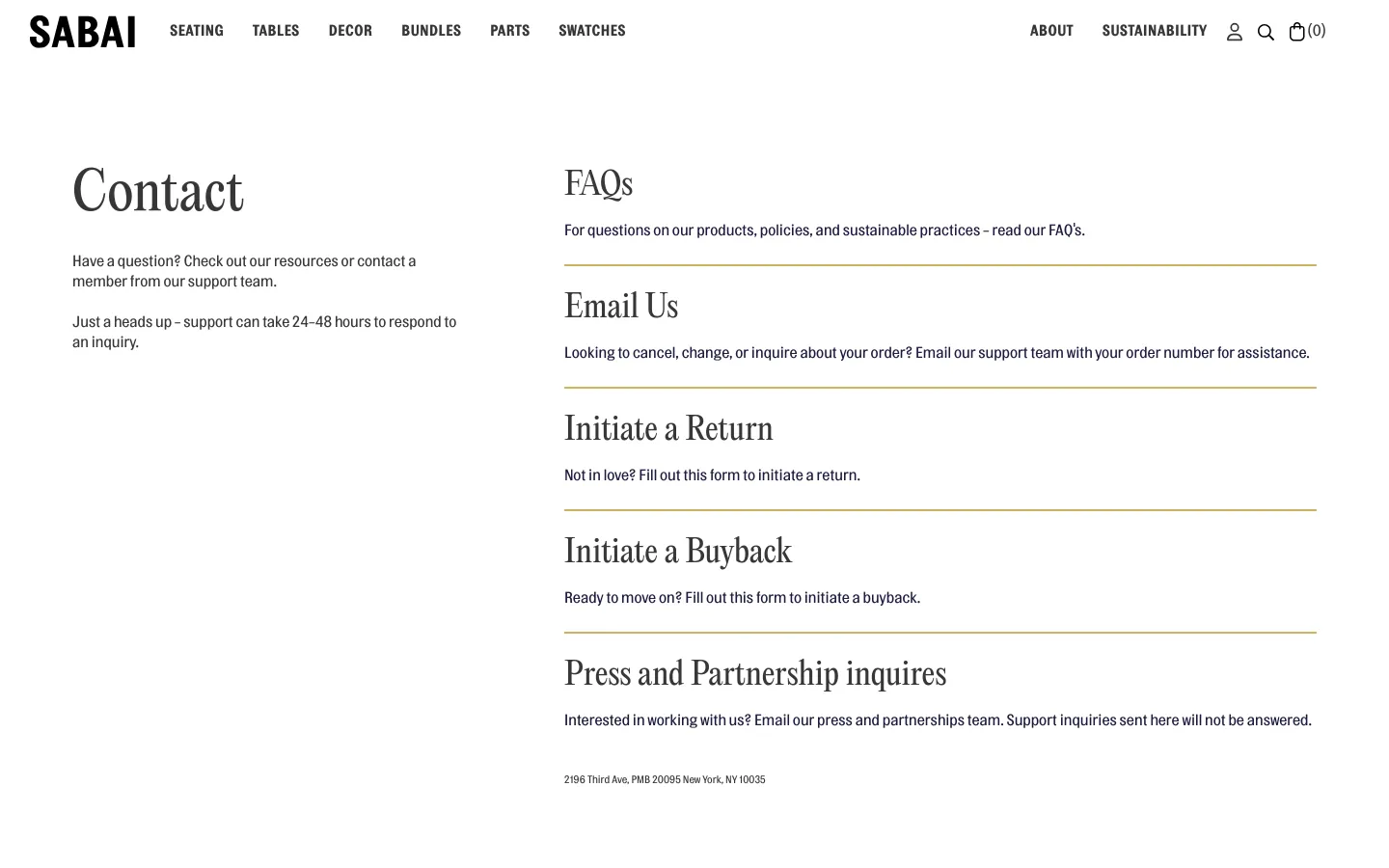 The desktop Contact page features a minimalist white background with black text and a clean layout. The page displays a large 'Contact' heading on the left, followed by a series of contact options on the right including FAQs, Email Us, Initiate a Return, Initiate a Buyback, and Press and Partnership inquiries, each separated by thin horizontal lines. The top navigation bar includes links for Seating, Tables, Decor, Bundles, Parts, Swatches, About, and Sustainability.