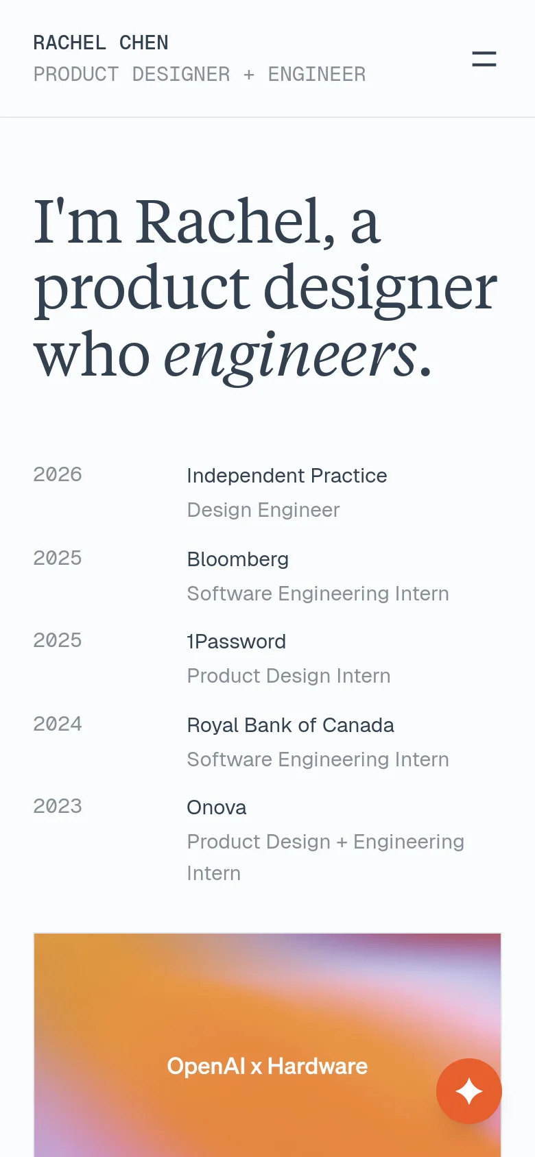 The mobile version uses a single-column vertical layout optimized for scrolling. The headline and professional experience list are stacked vertically at the top, followed by project cards that span the width of the screen.