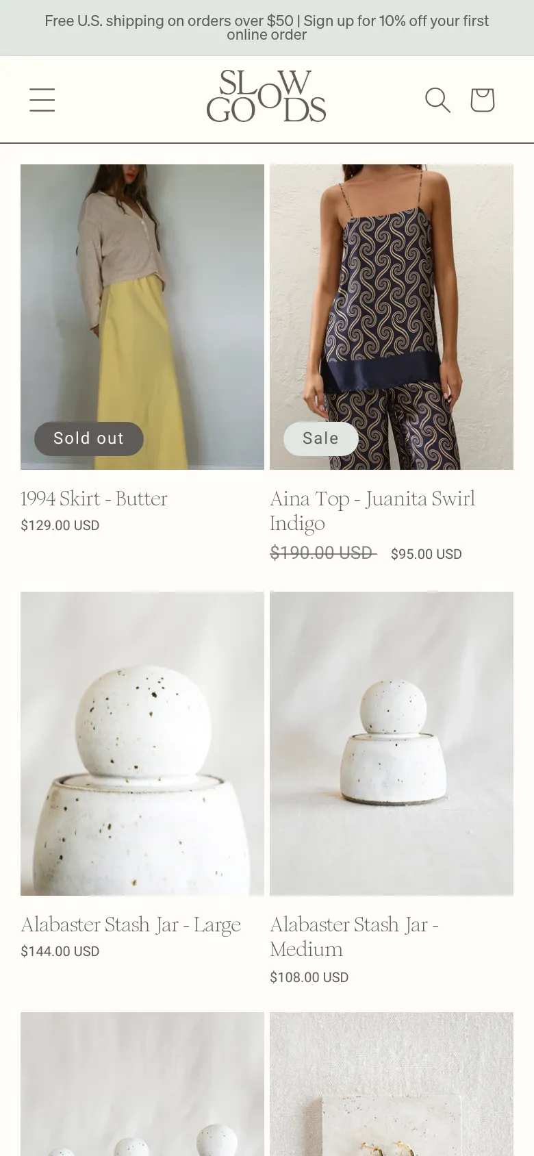 The mobile version presents a simplified vertical layout with a hamburger menu on the left, the brand logo in the center, and search and basket icons on the right. The product grid shifts to a single or double column view, displaying large product images with titles and prices directly underneath to optimize for vertical scrolling.