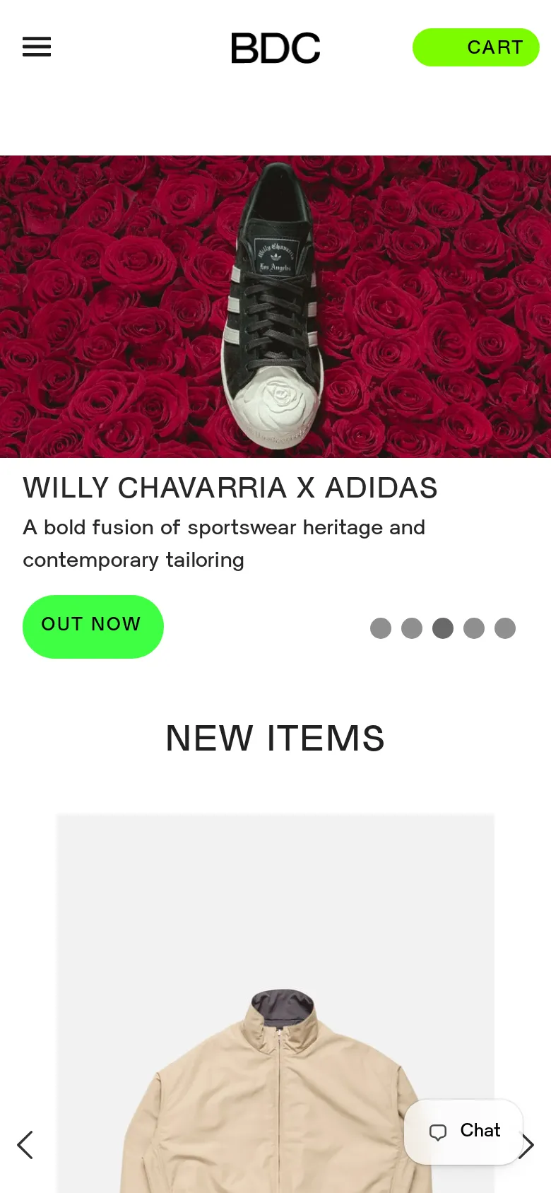 The mobile version uses a condensed layout with a hamburger menu icon and a prominent green 'CART' button in the header. The hero section is vertically stacked, showing the rose and sneaker imagery above the 'WILLY CHAVARRIA X ADIDAS' headline and a bright green 'OUT NOW' call-to-action button. The 'NEW ITEMS' section follows, featuring a single-column product display with navigation arrows for a carousel effect.