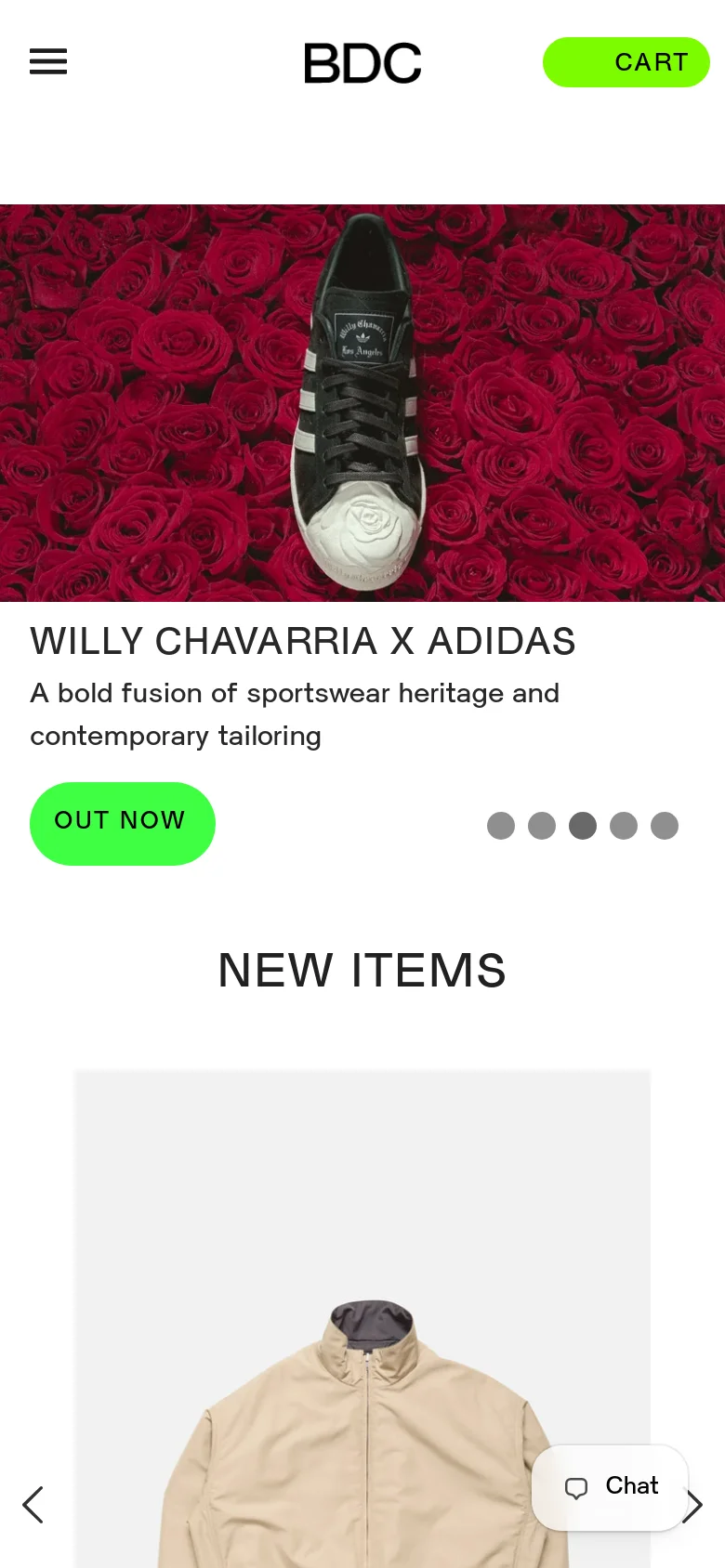 The mobile version uses a condensed layout with a hamburger menu icon and a prominent green 'CART' button in the header. The hero section is vertically stacked, showing the rose and sneaker imagery above the 'WILLY CHAVARRIA X ADIDAS' headline and a bright green 'OUT NOW' call-to-action button. The 'NEW ITEMS' section follows, featuring a single-column product display with navigation arrows for a carousel effect.