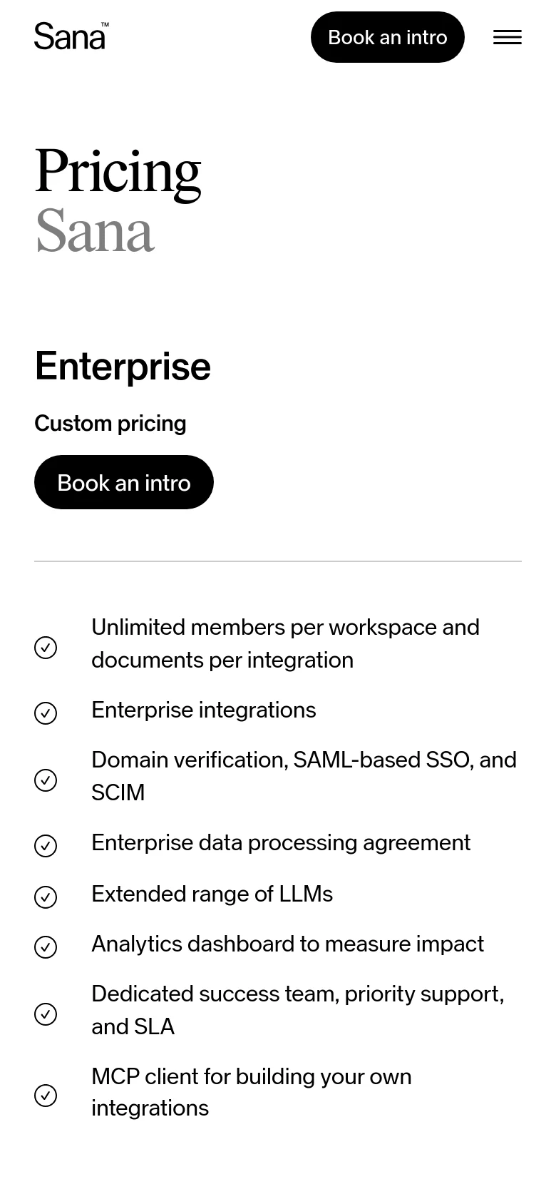Sana Pricing mobile website screenshot