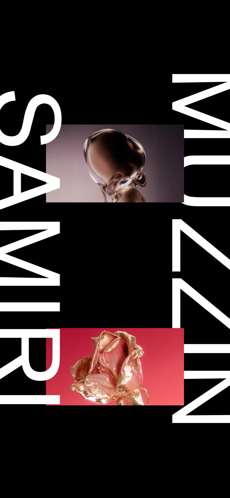 The mobile version maintains the dark aesthetic but rearranges the elements into a vertical stack. The large white typography is oriented vertically along the sides, framing smaller, rectangular windows of the metallic CGI art pieces.
