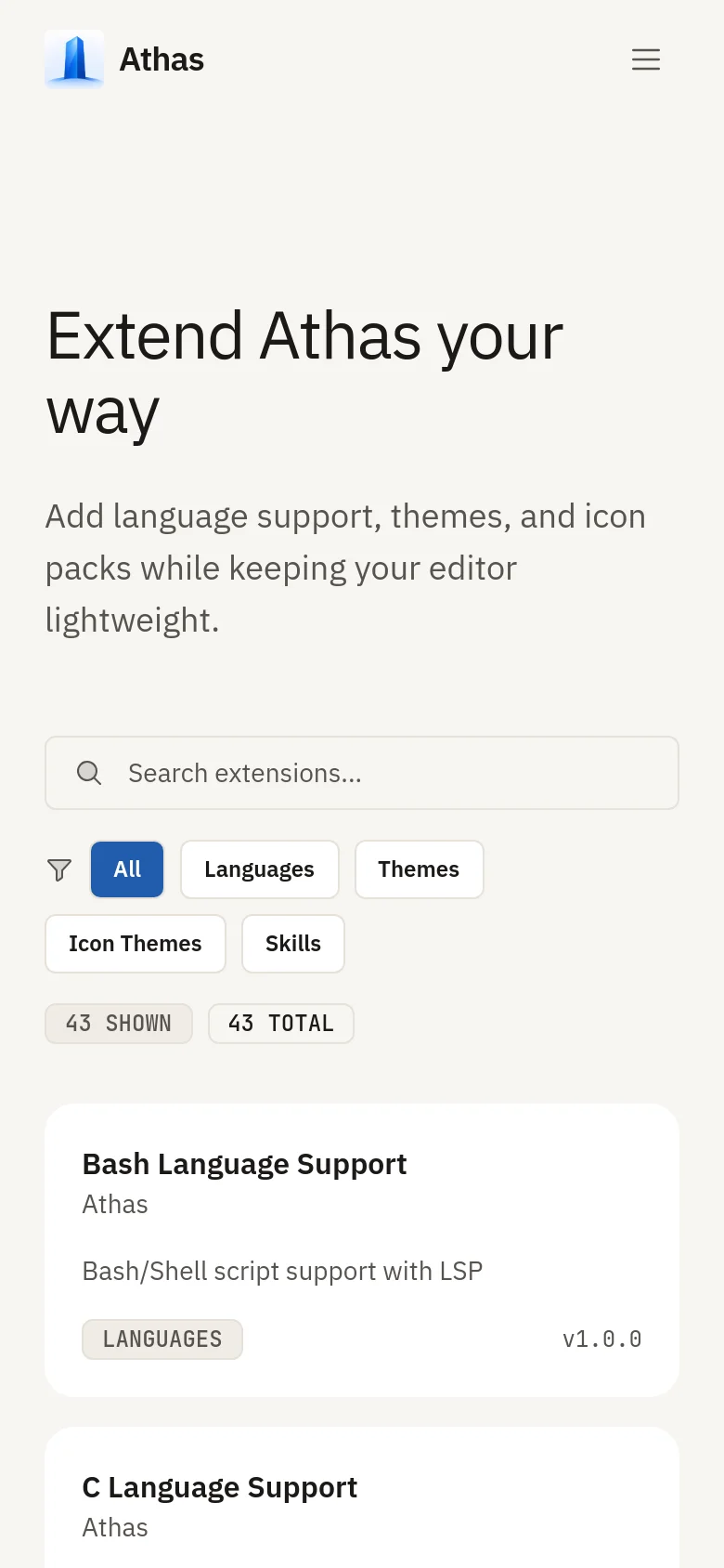 The mobile version maintains the minimalist white and dark theme but uses a single-column layout for the extension cards to fit the narrow screen. The navigation menu is collapsed into a hamburger icon at the top right, and the filter buttons are arranged in a scrollable or stacked format below the search bar.