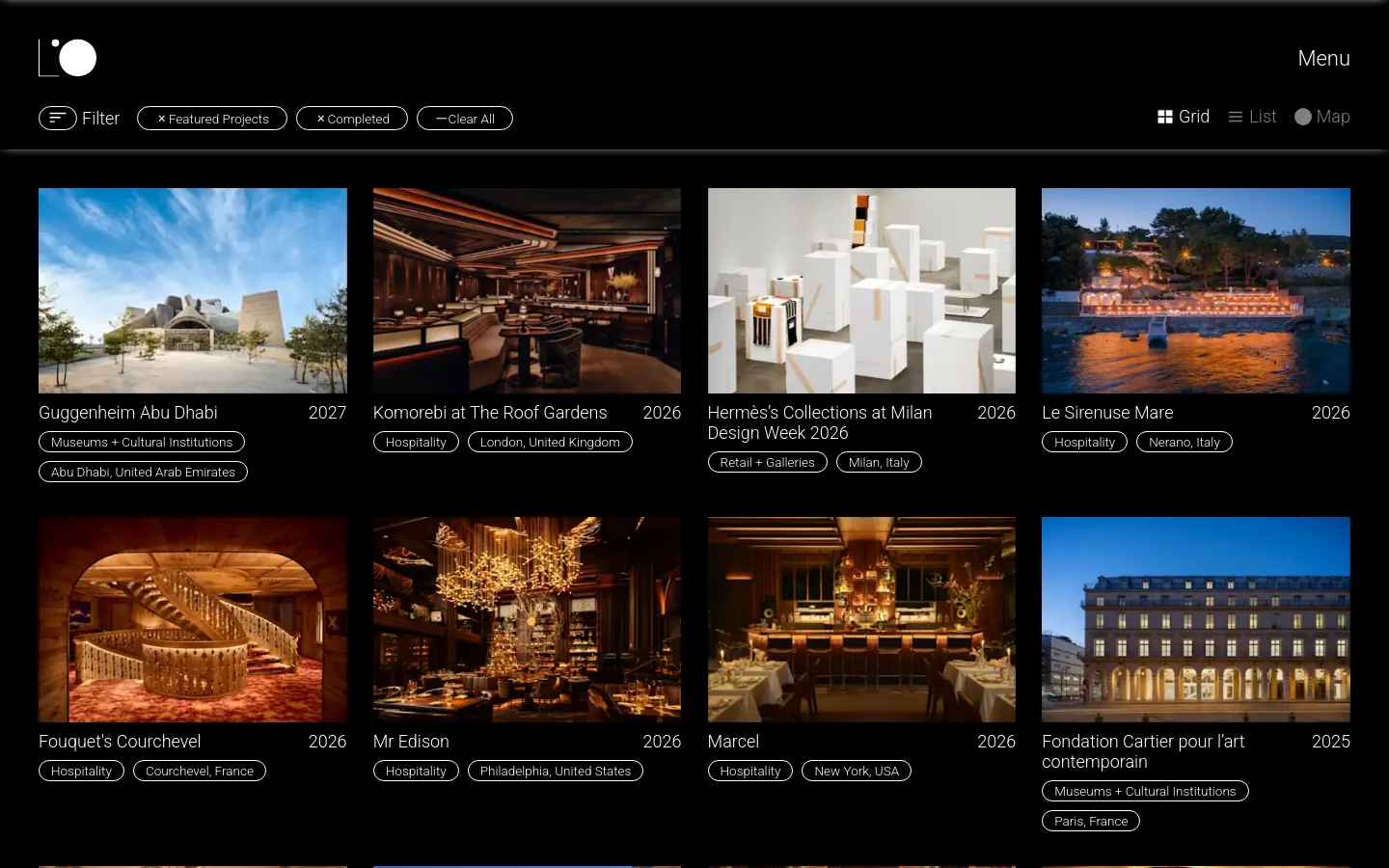 The Projects page features a dark theme with a grid of architectural and interior lighting project images. A top navigation bar includes a filter menu with active tags for 'Featured Projects' and 'Completed', alongside view options for Grid, List, and Map. Each project card displays a high-quality photograph, project title, year, typology, and location.