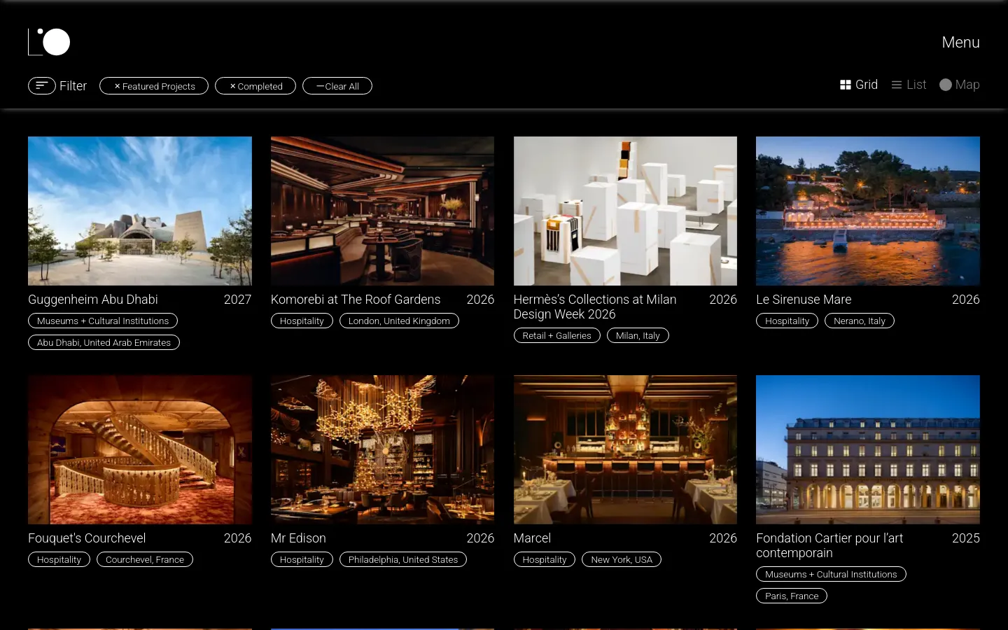 The Projects page features a dark theme with a grid of architectural and interior lighting project images. A top navigation bar includes a filter menu with active tags for 'Featured Projects' and 'Completed', alongside view options for Grid, List, and Map. Each project card displays a high-quality photograph, project title, year, typology, and location.