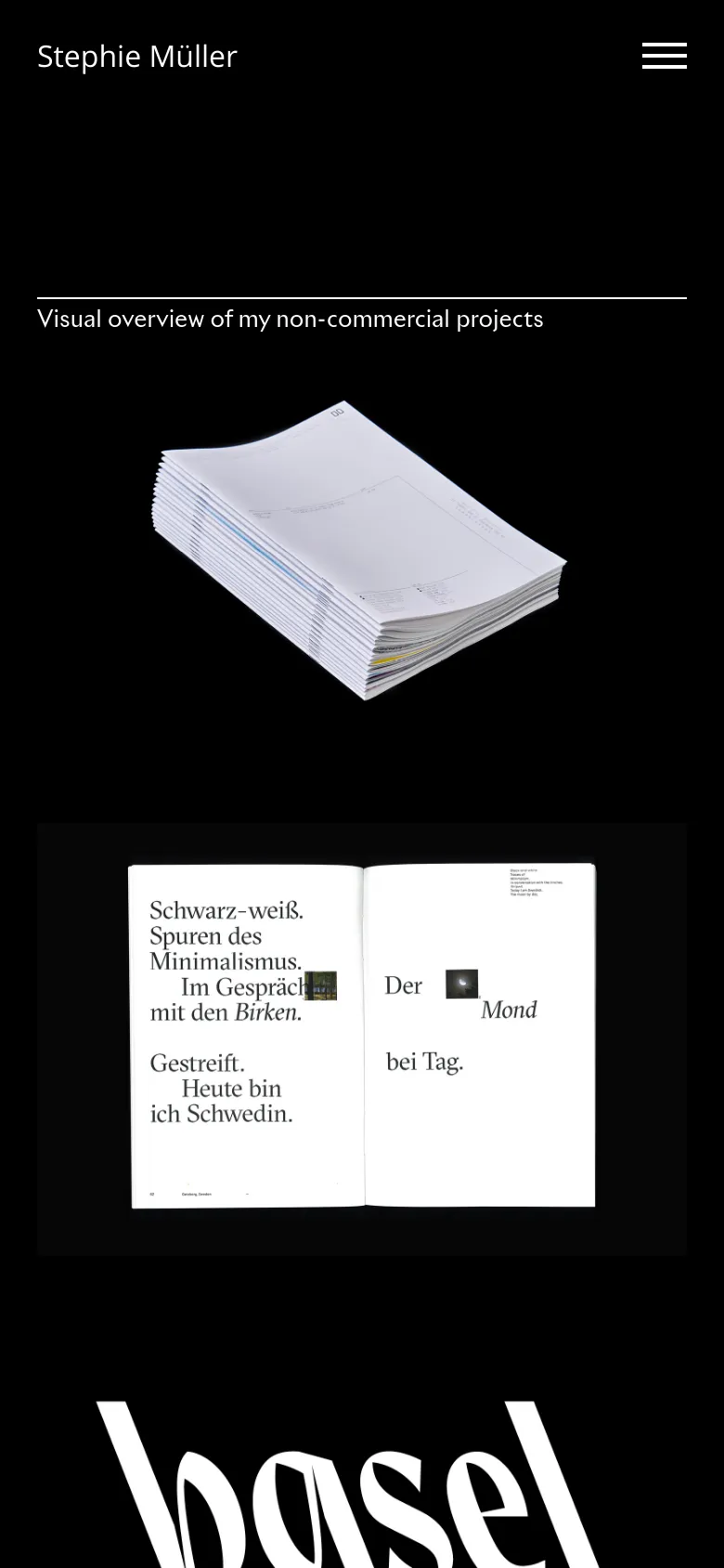 The mobile version features a black background with a simplified header containing the name Stephie Müller and a hamburger menu icon. The content is arranged in a single-column vertical scroll, displaying large project preview images and text descriptions sequentially.