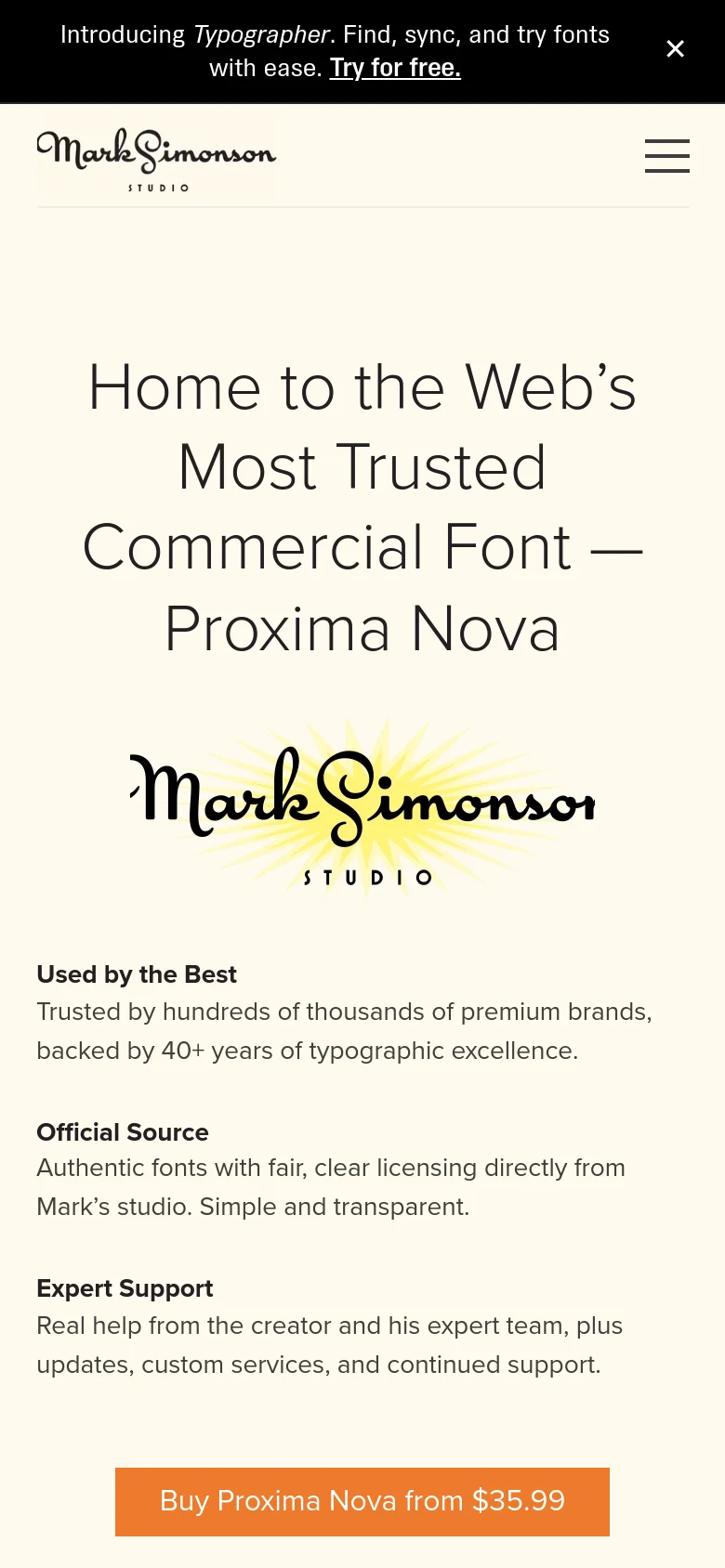 The mobile version uses a single-column vertical layout on a cream background. The headline and logo are centered at the top, followed by the service benefit text stacked vertically, and a full-width orange button at the bottom. A hamburger menu icon replaces the desktop navigation bar.