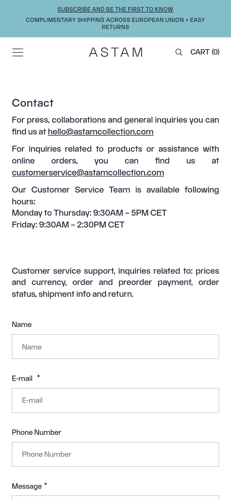 The mobile version presents a simplified, single-column layout with a hamburger menu icon and a search icon in the header. The contact information and form fields are stacked vertically for easy scrolling, maintaining the clean aesthetic and the teal promotional banner at the bottom.