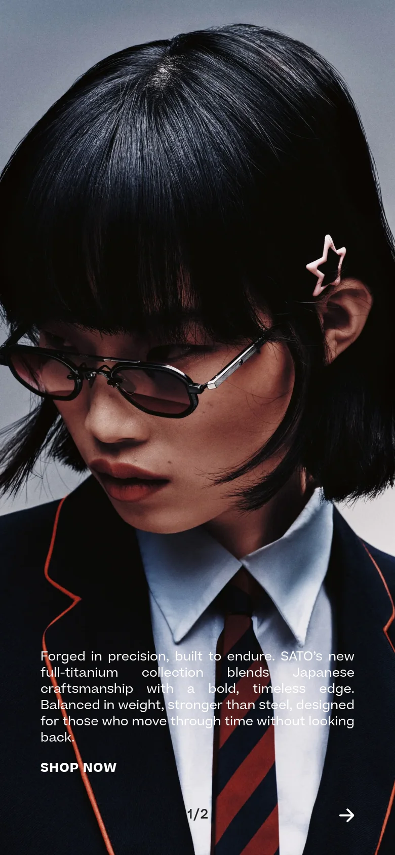 The mobile version presents a vertically oriented hero image focusing closely on the model's face and sunglasses, with the brand text and promotional copy stacked below. The layout transitions to a single-column view for the product collection, making the text and images easier to scroll through on a smaller screen.