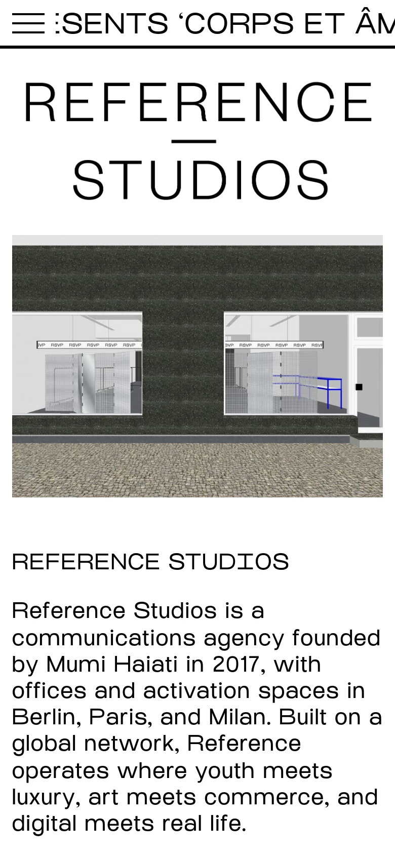 The mobile version maintains the minimalist aesthetic but uses a single-column vertical layout. The 'REFERENCE STUDIOS' headline is centered at the top, followed by the hero image and the agency description text. Navigation is condensed into a hamburger menu icon in the top left corner.