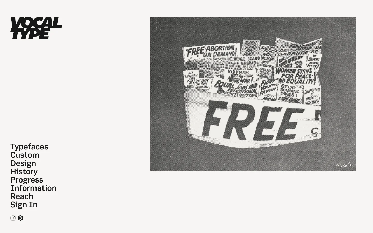 The desktop homepage features a minimalist design with a large black 'VOCAL TYPE' logo on the left and a vertical navigation menu below it. To the right, a large grayscale collage of protest-style newspaper clippings with bold typography is displayed against a dark textured background.