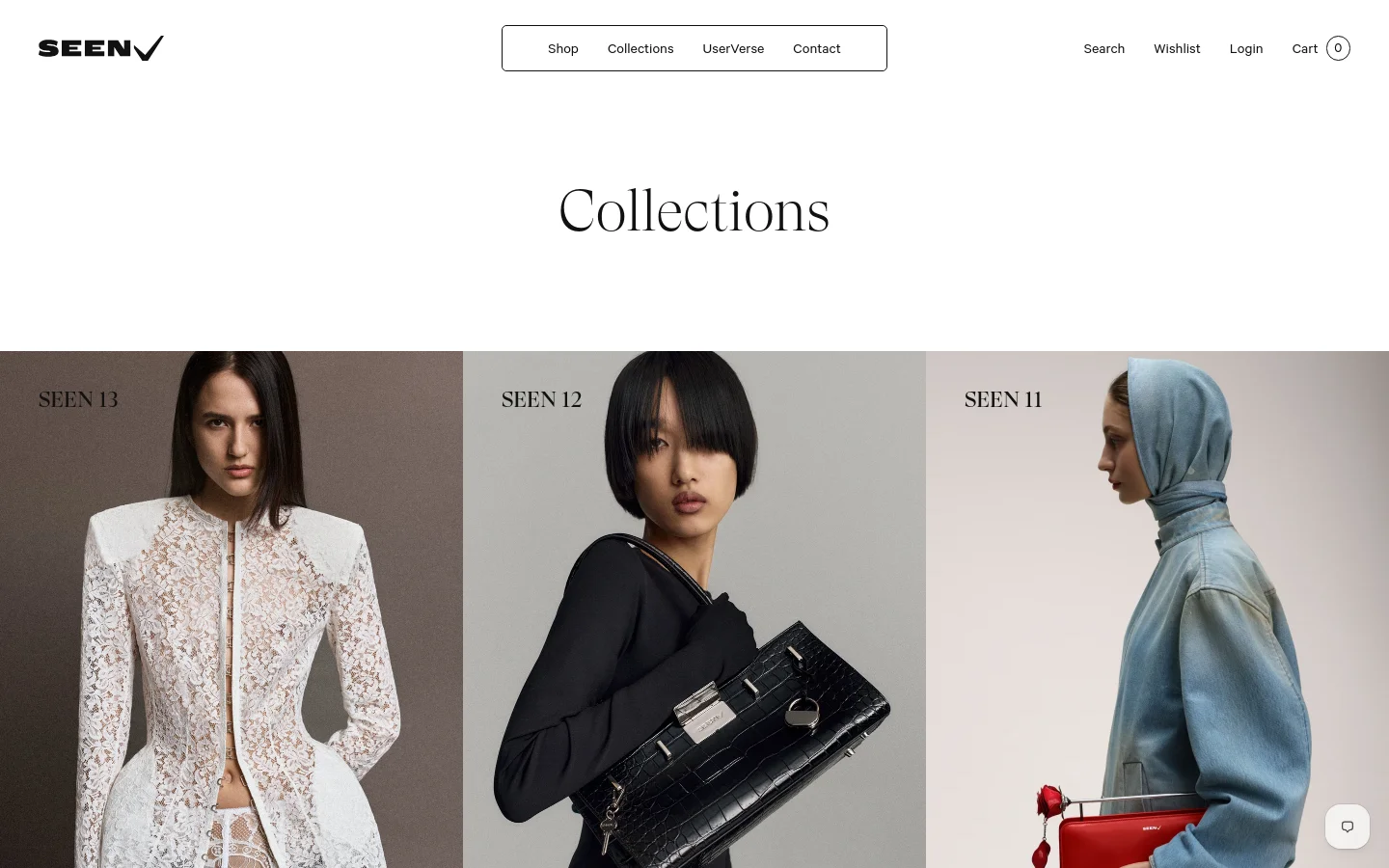 The Collections page features a clean, minimalist white background with a large serif 'Collections' heading. Below, a grid displays fashion collection entries such as SEEN 13, SEEN 12, and SEEN 11, each consisting of a large vertical editorial photograph of a model and a corresponding text label. The desktop navigation includes links for Shop, Collections, UserVerse, and Contact, alongside search and account options.