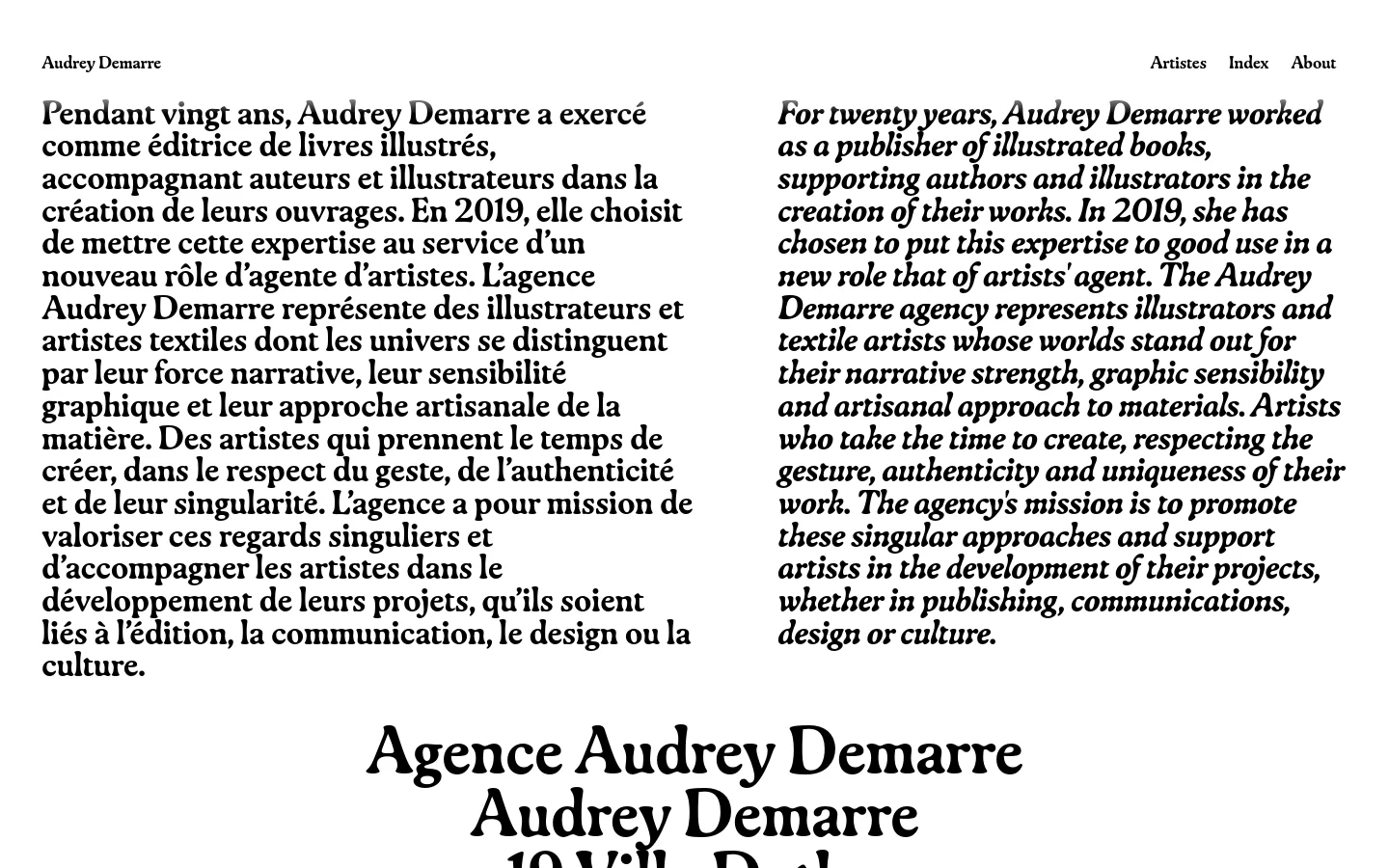 The About page features a minimalist design with black serif text on a white background. The layout consists of a navigation menu at the top, followed by two columns of text presenting the agency's biography in French and English. Large, bold typography is used for the headings and body text to create a clean, editorial feel.