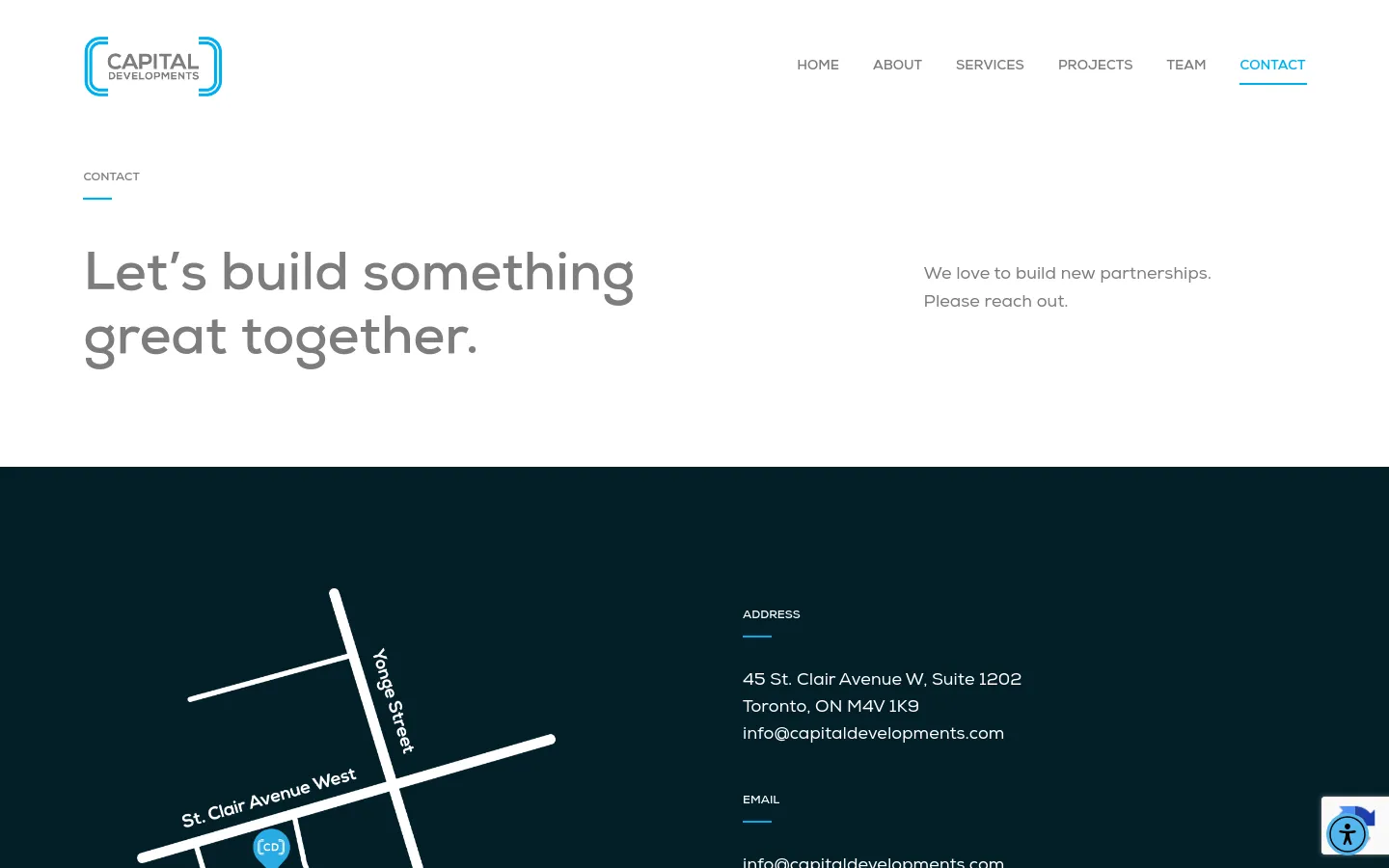 The desktop contact page features a clean white header with the Capital Developments logo and a navigation menu. The hero section displays the large headline 'Let’s build something great together' on the left and a brief message on the right. Below, a dark navy section contains the company's address, email, and a stylized white line map showing the intersection of Yonge Street and St. Clair Avenue West.