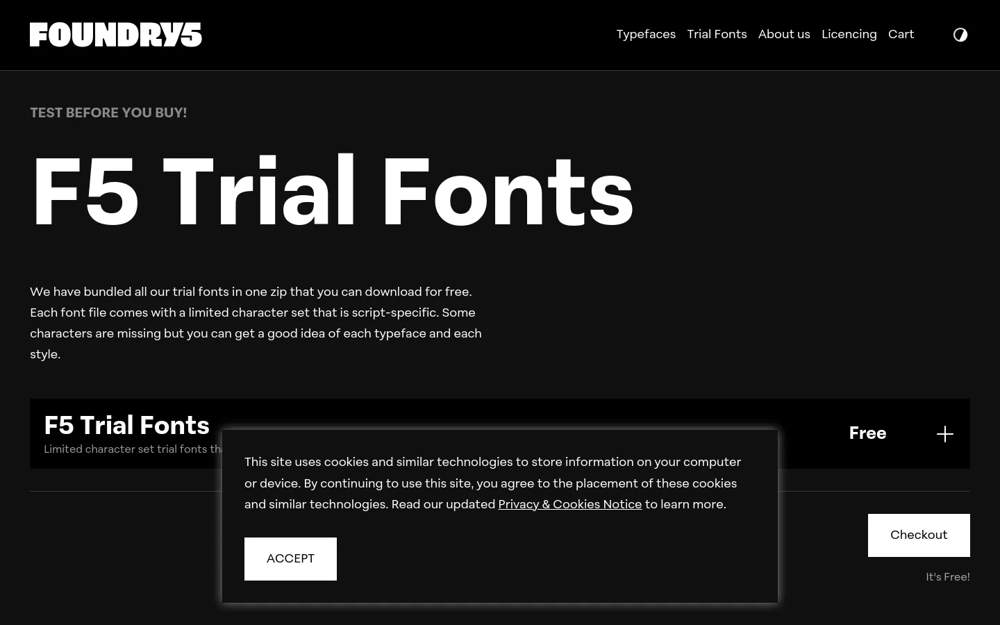 The desktop page features a dark theme with a large hero section displaying the headline 'F5 Trial Fonts' in massive white typography. Below the headline, a brief description explains the free trial font bundle, followed by a product card for 'F5 Trial Fonts' that includes a 'Free' price tag and a 'Checkout' button. The navigation bar at the top contains the Foundry5 logo and links for Typefaces, Trial Fonts, About us, Licensing, and Cart.