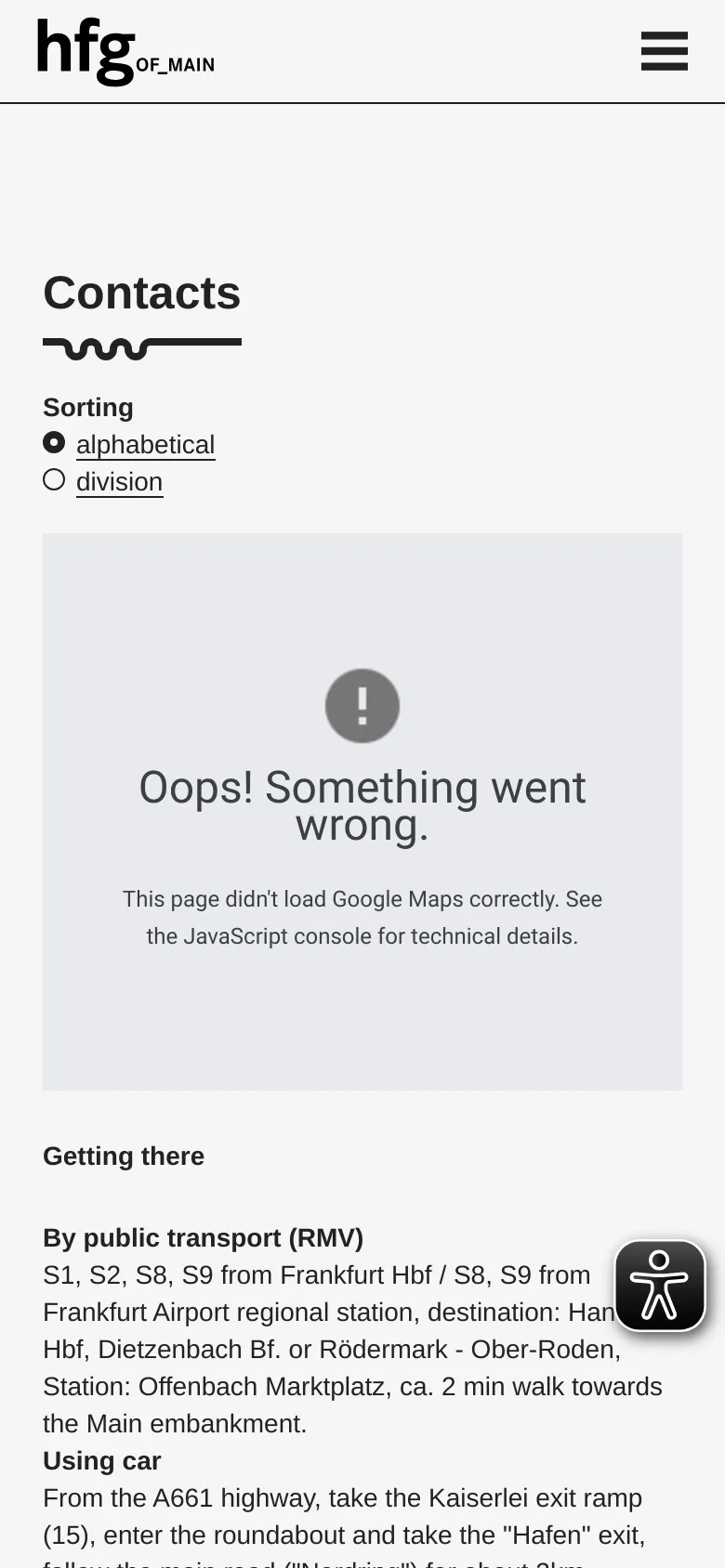 The mobile version uses a single-column vertical layout. The navigation is hidden behind a hamburger menu at the top, and the content flows linearly from the 'Contacts' heading and sorting radio buttons to the Google Maps error box, then through the 'Getting there' and 'Positions' text sections.