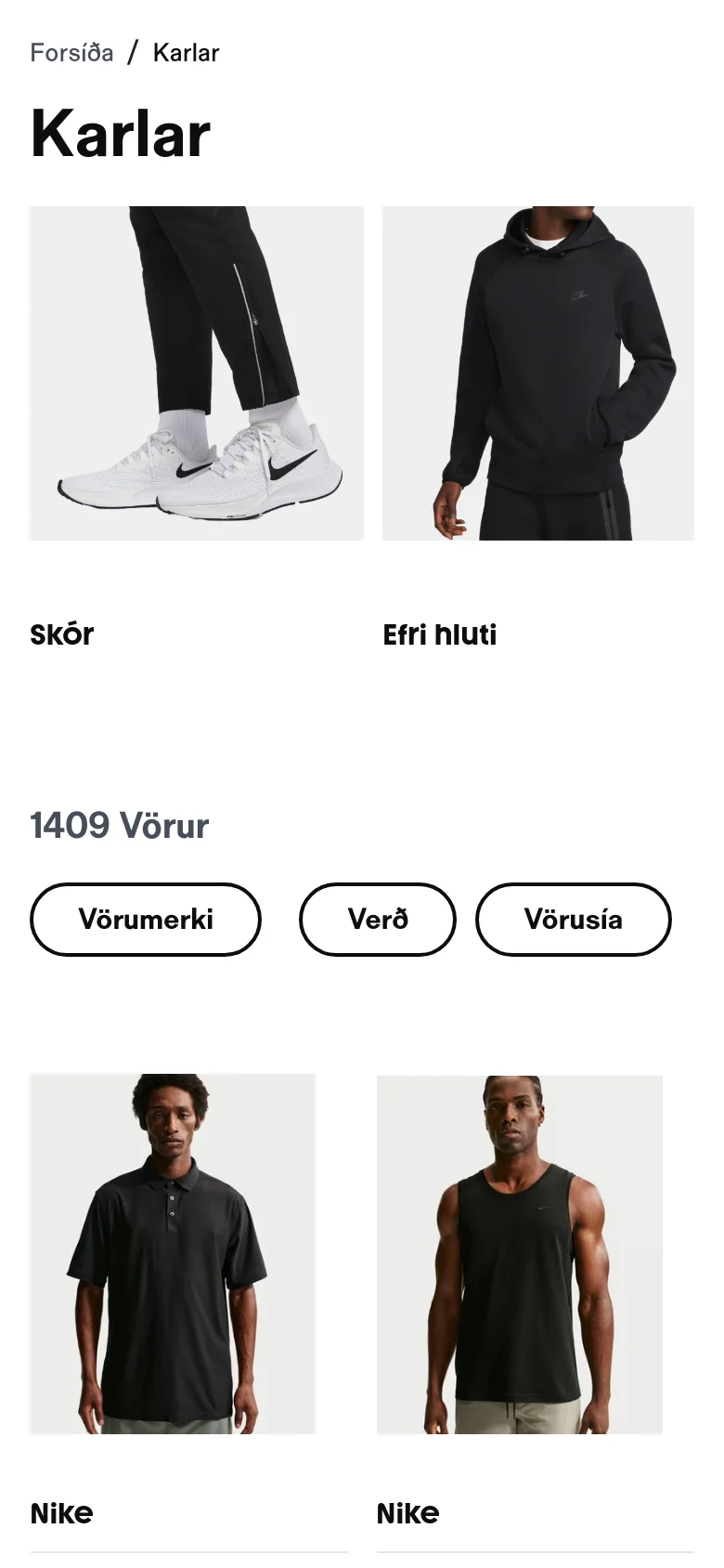 The mobile version displays a simplified vertical layout with the 'Karlar' heading at the top. The category grid is reduced to two large images per row for 'Skór' and 'Efri hluti', followed by filter buttons and a single-column product list. The navigation and filtering elements are scaled for touch interaction.