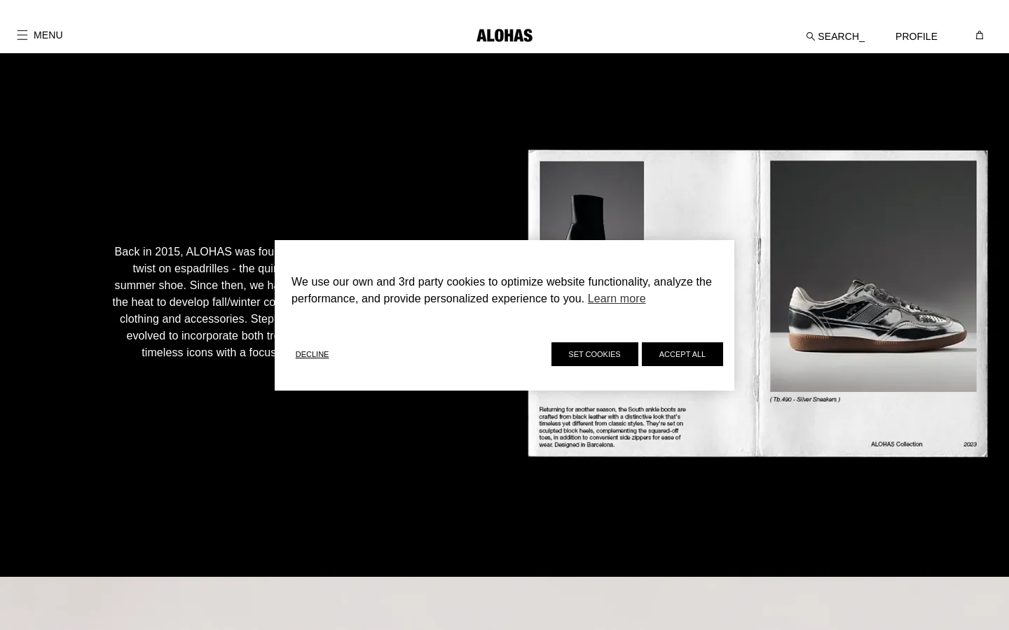 The desktop About page features a minimalist design with a large hero image of an open magazine spread showing a black sneaker. A cookie consent overlay is centered on the screen, and the background is primarily black and white with clean typography. The navigation bar at the top includes the ALOHAS logo, a menu button, search, profile, and a shopping bag icon.