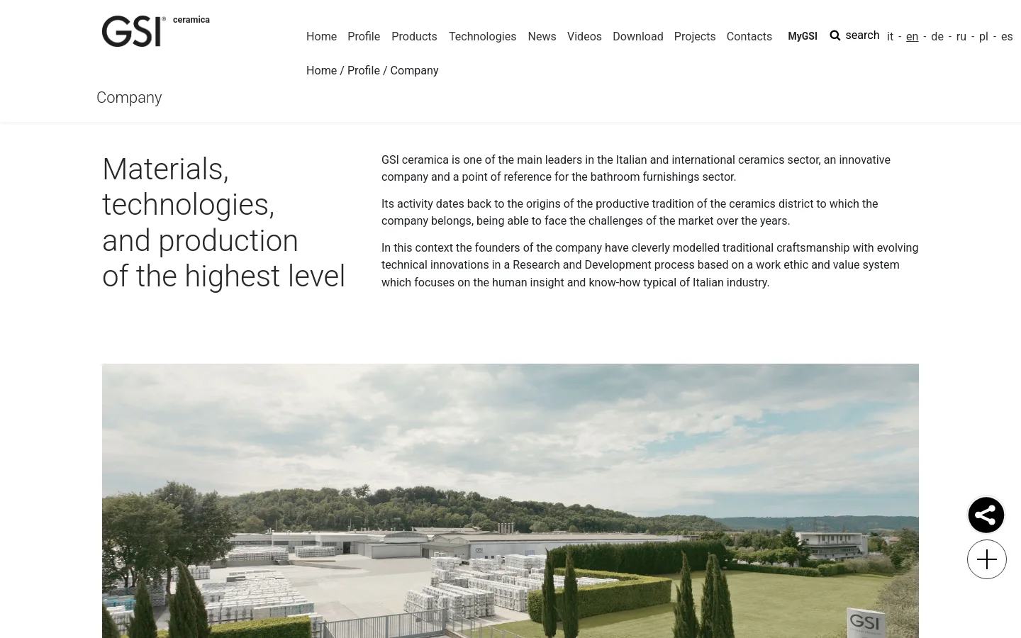 The desktop page features a minimalist white background with a top navigation menu including links like Home, Profile, and Products. A large headline reads 'Materials, technologies, and production of the highest level' followed by several paragraphs of text about GSI Ceramica. Below the text is a wide, high-angle landscape photograph of a modern industrial facility surrounded by greenery under a cloudy sky.